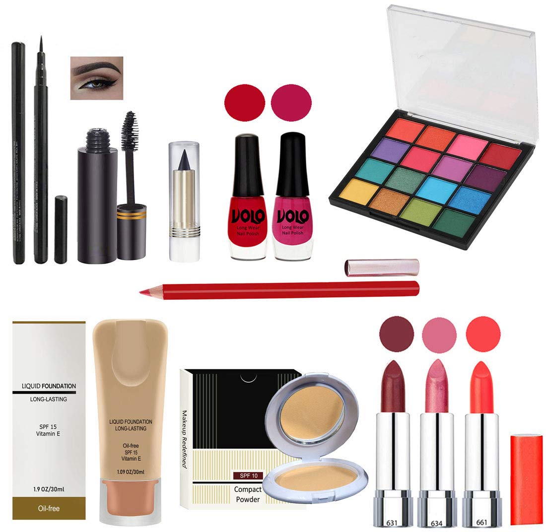 G4U Complete All-in-One Makeup Kit for Women - 12-Piece Set with 3 Lipsticks, Eyeliner, Mascara, Kajal, 2 Nail Polishes, 16-Color Eyeshadow Palette, Foundation, Compact & Lipliner | Perfect for Travel, Everyday Makeup & Professional Looks (ST1J20A98)