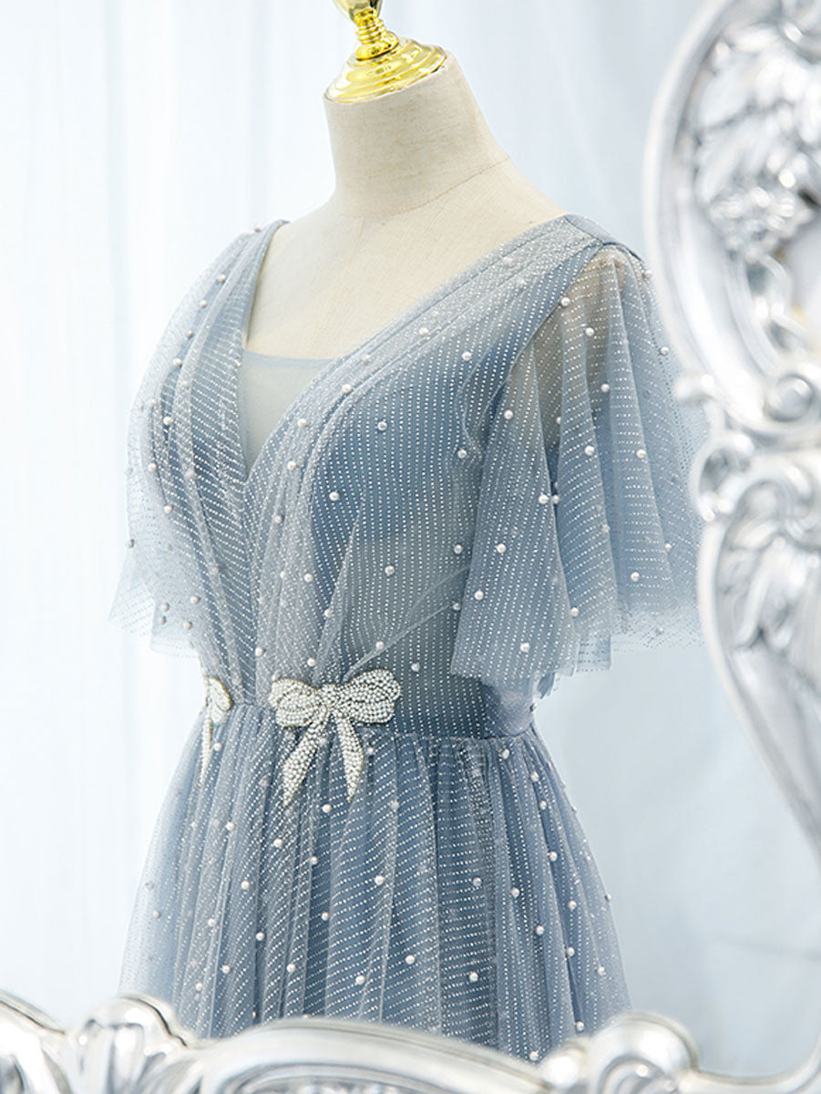 Elegant Blue V-Neck Tulle Beaded Long Prom Dress for Women - Formal Evening Gown for Homecoming, Ball, Wedding & Special Occasions