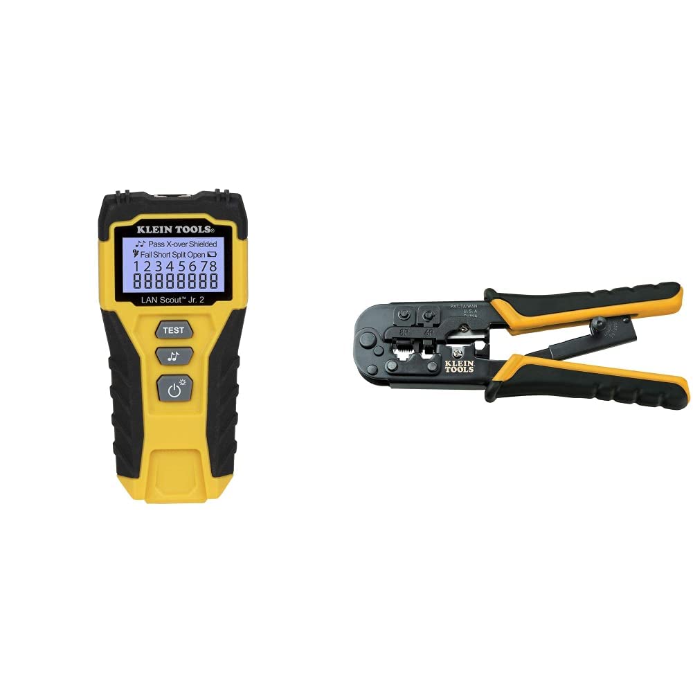 Klein Tools VDV526-200 LAN Scout Jr. 2 Ethernet Cable Tester for CAT5e/CAT6/6A Cables with RJ45 Ports | VDV226-011-SEN All-in-One Ratcheting Modular Data Cable Crimper | Network Installation & Maintenance Tool Kit for IT Professionals