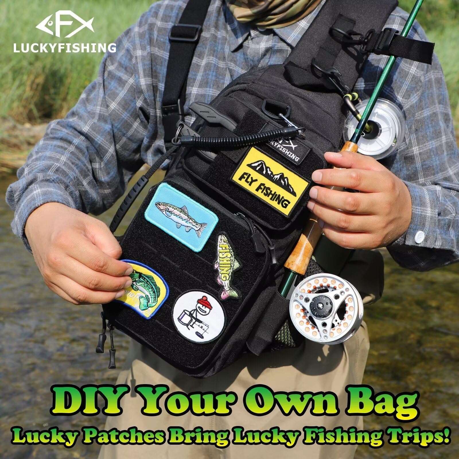 Lightweight Fishing Backpack with 6PCS DIY Fish Embroidery Patches - Waterproof Sling Bag for Fly Fishing, Hiking & Outdoor Adventures