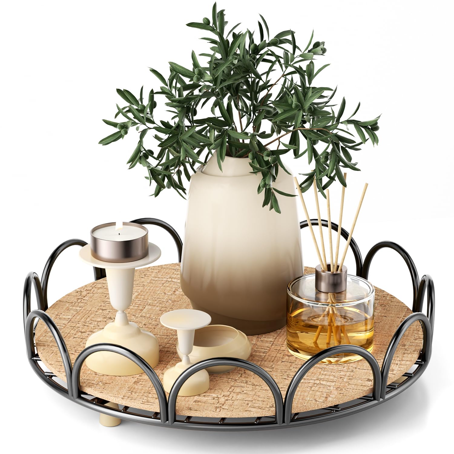 Farmhouse Round Serving Tray with Cork Liner - Home Decor for Coffee Table & Entryway