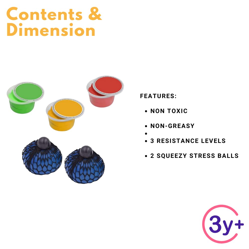 Therapy Putty for Hand Exercise - 3 Pack Non-Toxic Squeezable Stress Relief Putty (Soft/Medium/Firm) + 2 Sensory Fidget Balls - Occupational Therapy Tools for Adults & Kids - Perfect for Anxiety Relief, Rehabilitation, and Special Needs Sensory Play