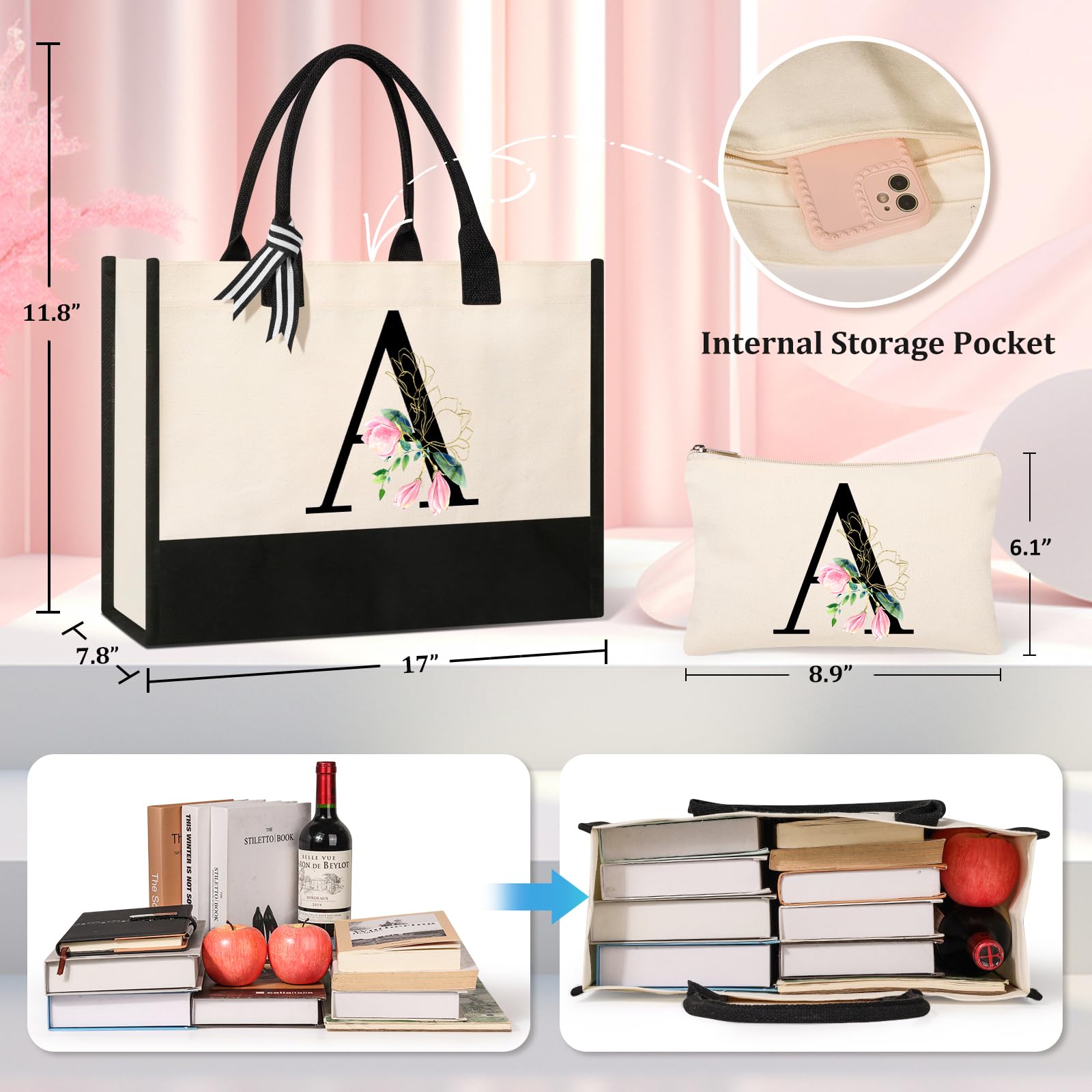 AYGE Personalized Initial Canvas Beach Tote Bag - Custom Monogrammed Gifts for Women, Makeup Bag, Birthday Present for Sister, Mom, Teacher & Bridesmaid - Perfect for Beach Trips, Shopping & Everyday Use