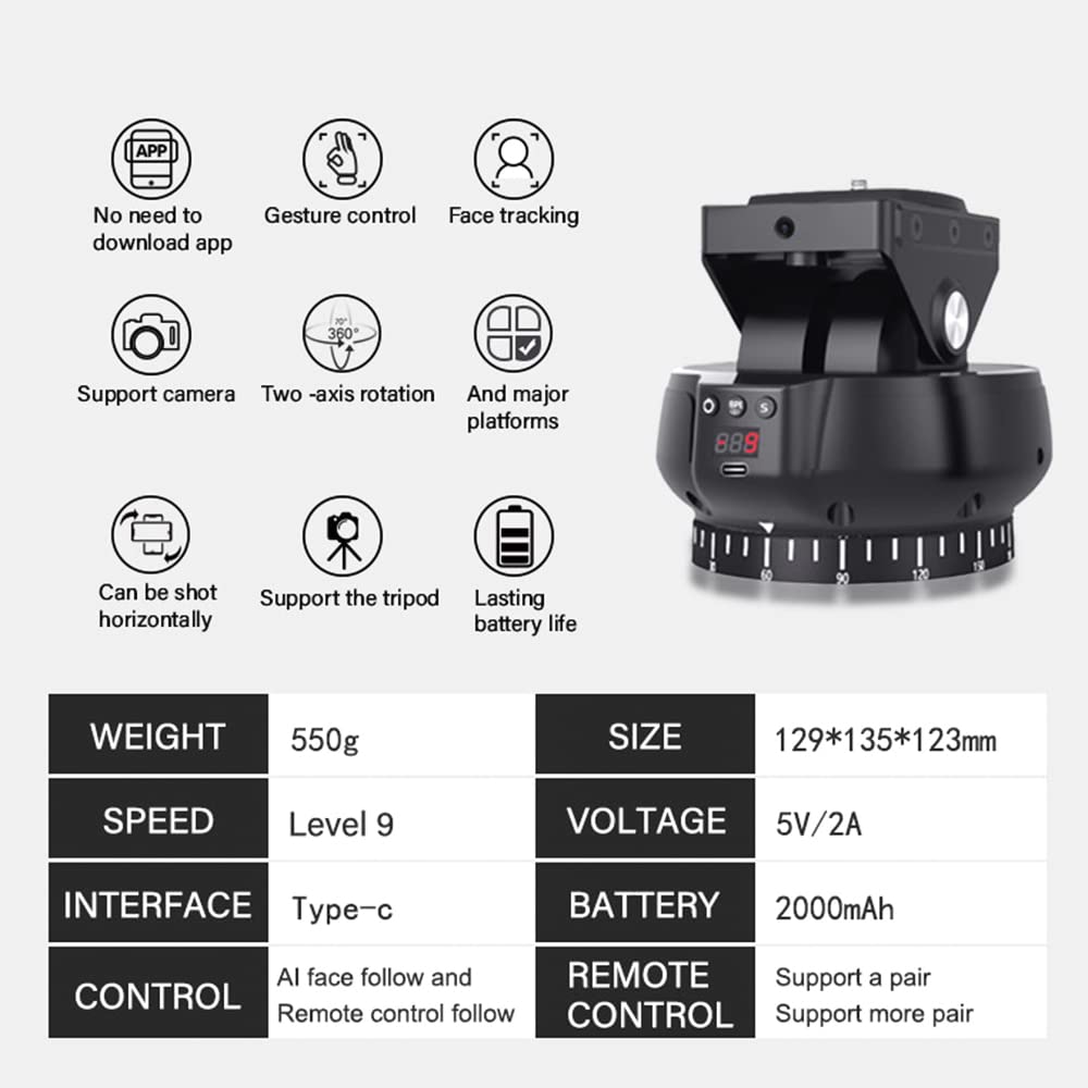 Andoer YT1200 2-Axis Motorized Panoramic Tripod Head with AI Smart Face Tracking, 360° Rotation, Wireless Remote, 9-Speed Adjustments & 1kg Load Capacity - Perfect for Vlogging, Live Streaming, Photography & Video Production