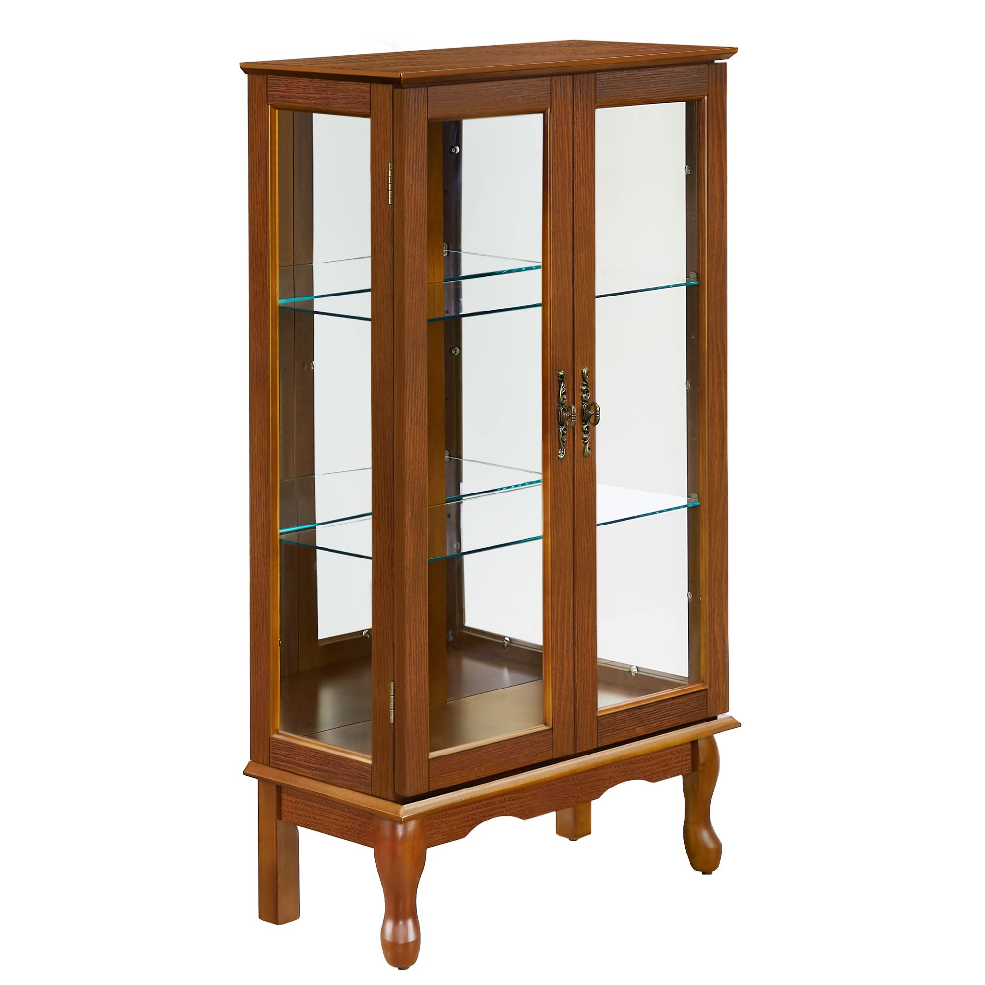 Tuscan Style Wall Mounted Curio Display Cabinet with Adjustable Shelves & Mirrored Back - 3 Tier Oak Wood Storage Cabinet with Tempered Glass Doors (E26 Light Bulb Not Included) - Perfect for Living Room Decor, Dining Room Display & Bedroom Storage