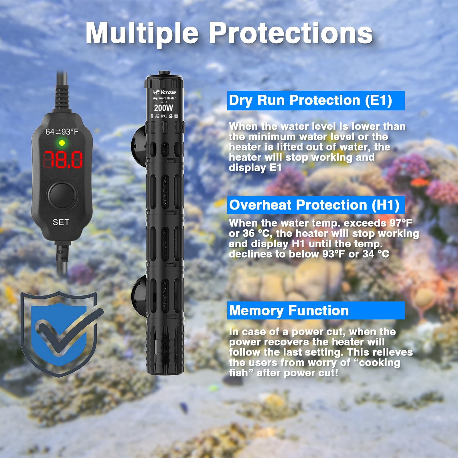 200W Submersible Aquarium Heater with LED Digital Display Thermostat & Protective Housing - Adjustable Fish Tank Heater for 20-40 Gallon Tanks - Perfect for Tropical Fish, Saltwater & Freshwater Aquariums