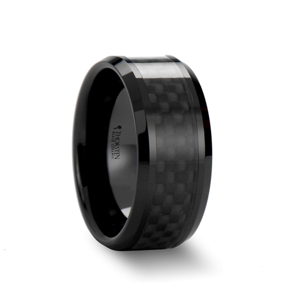 ONYX Black Ceramic Wedding Band Ring for Men - High-Tech Carbon Fiber Inlay, Polished Edges, 10mm Width - Perfect for Weddings, Anniversaries & Everyday Wear