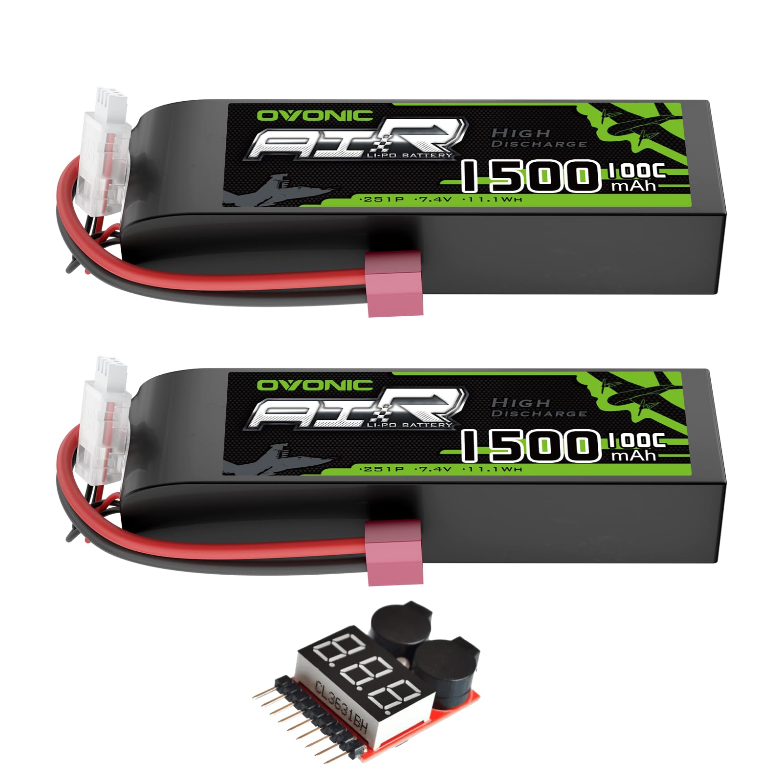 2 Pack OVONIC 7.4V 1500mAh 100C 2S Lipo Battery with Dean Connector & Voltage Checker - High Performance RC Battery for Airplanes, Helicopters, Drones (55mm EDF Compatible) - Perfect for FPV Racing, Aerial Photography & RC Hobbyists
