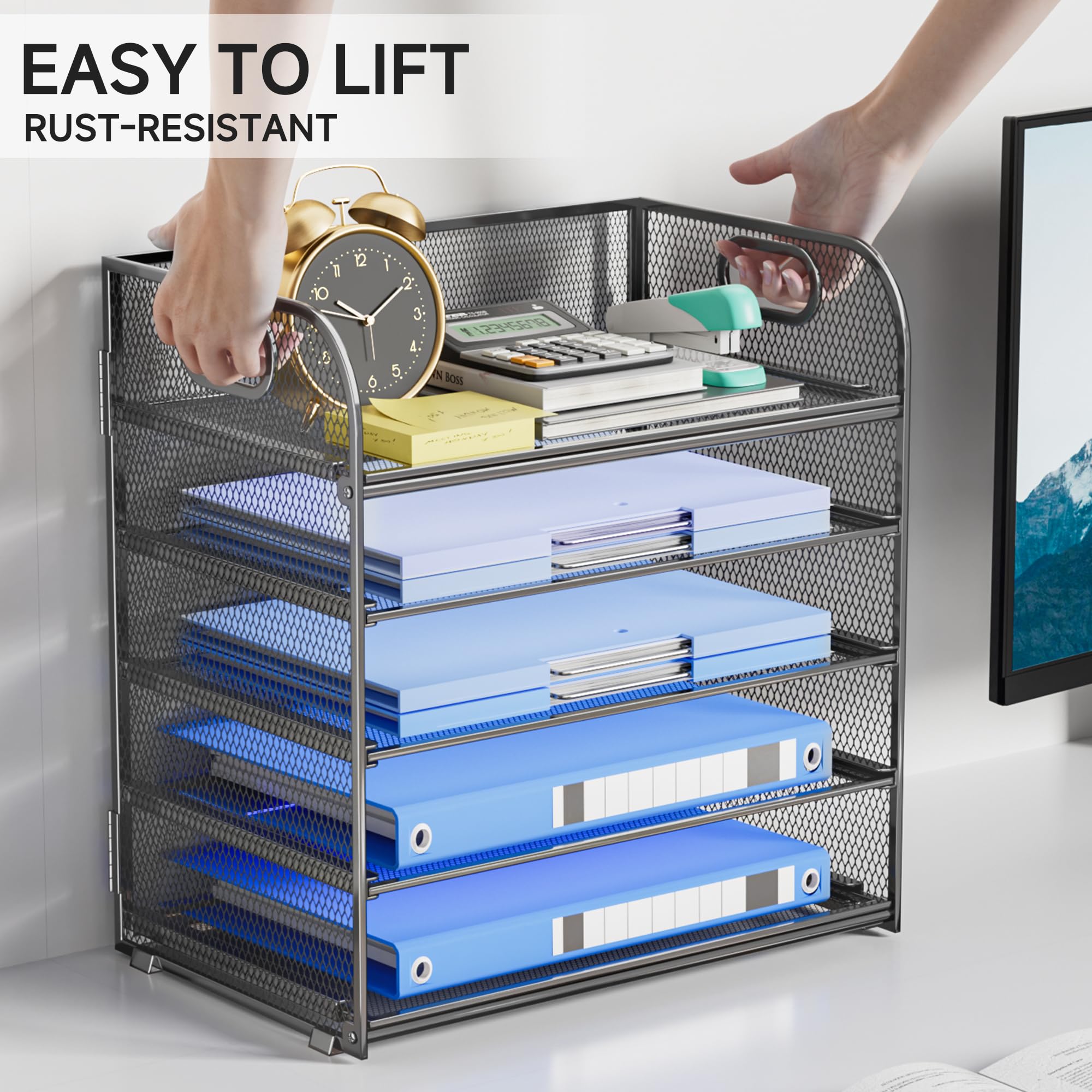 5 Tier Mesh Paper Organizer with Handle - Grey Office Desk File Sorter, Letter Tray for Home & Office Supplies | Perfect for Organizing Documents, Mail, and Office Essentials