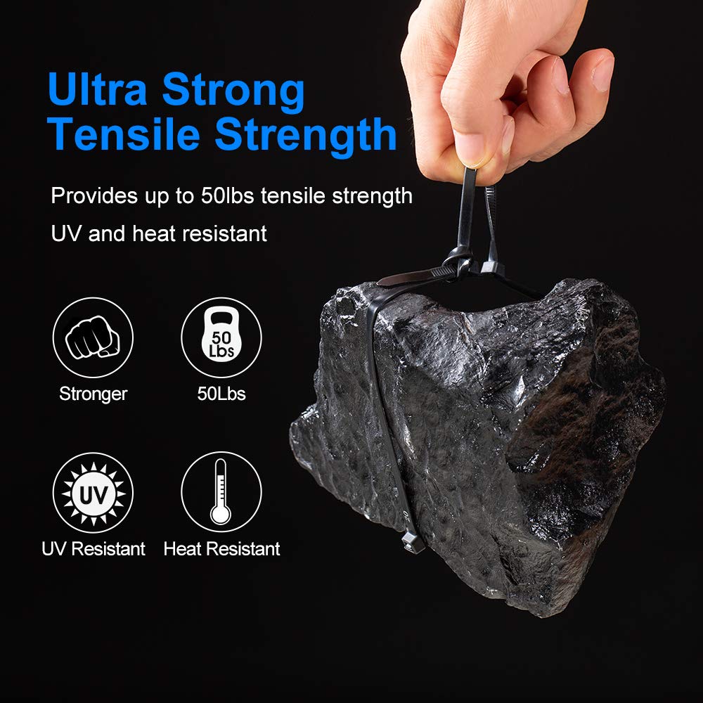 1000 Pack 8-Inch Black Heavy Duty Zip Ties - 50lb Tensile Strength UV Resistant Self-Locking Cable Ties for Indoor/Outdoor Use | Perfect for Organizing Wires, Securing Plants & DIY Projects | Tantti