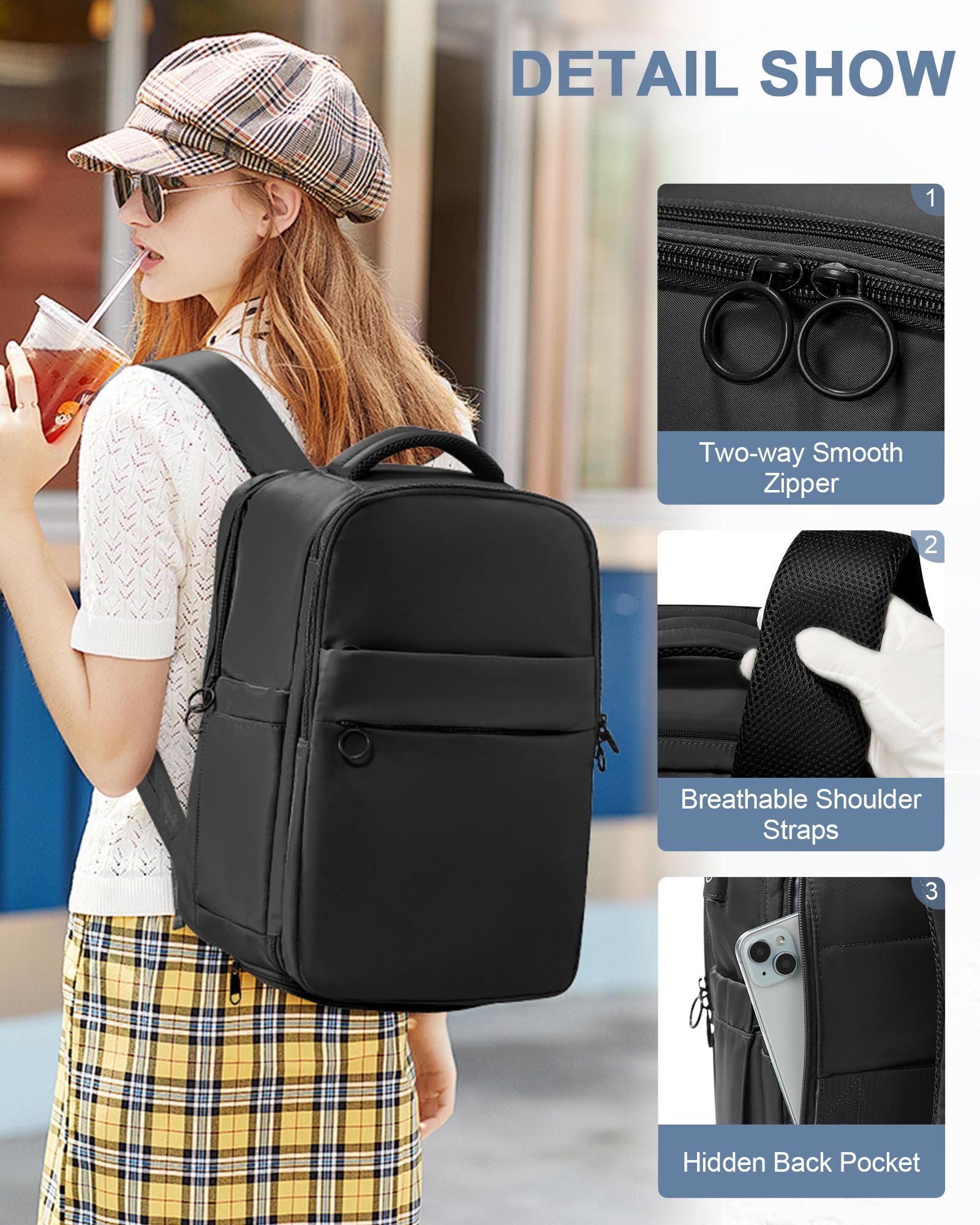 Waterproof Travel Backpack for Women - Airplane Approved Carry On Backpack with Shoe Compartment & USB Charging Port | Perfect for Business Trips, Weekend Getaways & International Travel (Black)
