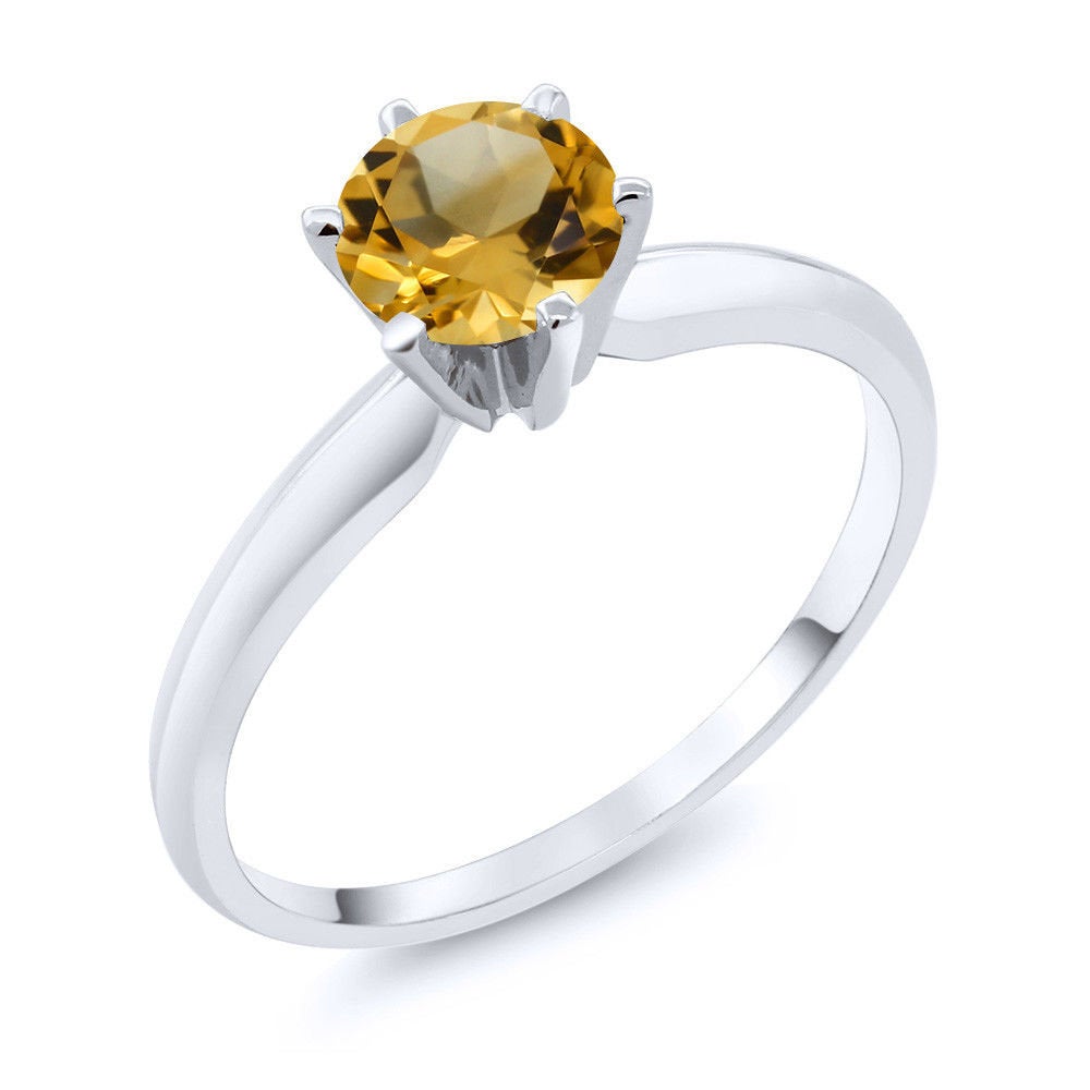 14K Solid White or Yellow Gold Natural Golden Citrine 4mm Round Ring - Size 5-8, VVS Eye Clean Solitaire - Perfect for Engagement, Wedding Band & Bridal Jewelry - Ideal for Proposals, Anniversaries & Special Occasions