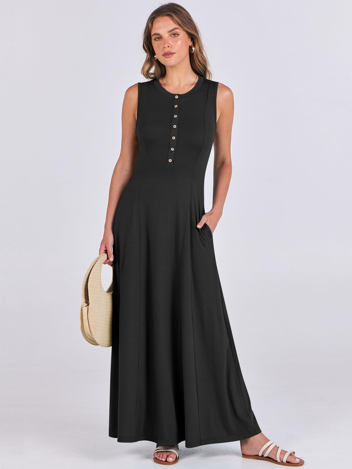 ANRABESS Women's Summer Sleeveless Maxi Sundress - Button Front Fit & Flare A-Line Flowy Long Dress for Beach, Vacation & Casual Outfits | 2025 Fashion Trendy Boho Style