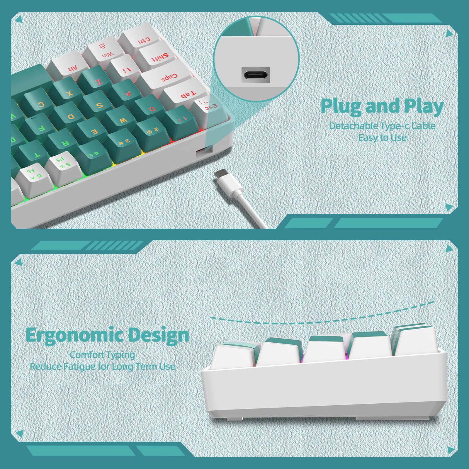 60% UK Gaming Mechanical Keyboard - 62 Key Compact Blue Switches with RGB Backlight for PC/Laptop Gaming & Office Work