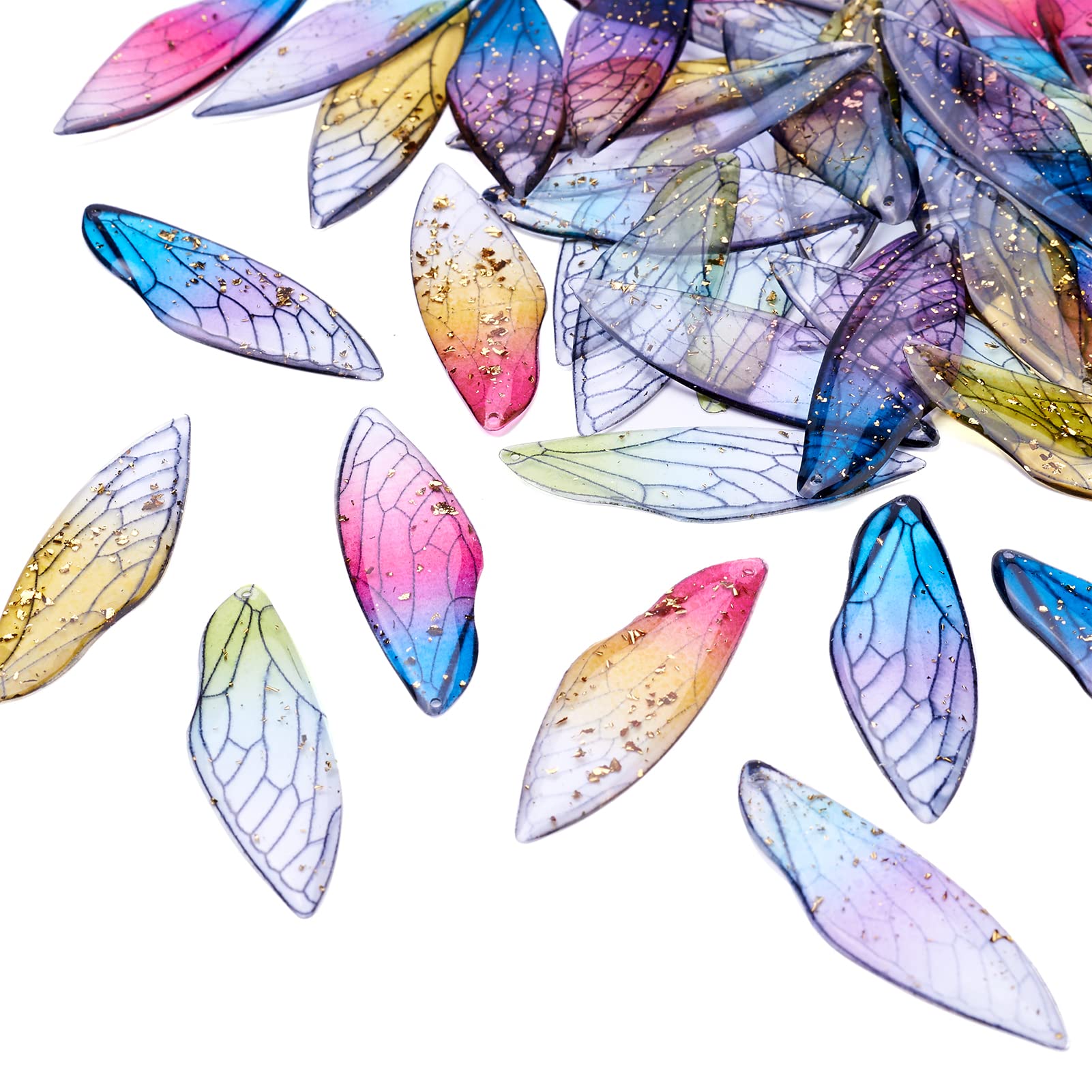 50Pcs Resin Big Wing Charms - Transparent Insect Wing Pendants with Gold Foil, Colorful Dragonfly Wings for Jewelry Making DIY - Perfect for Necklaces, Bracelets, Earrings & Craft Projects
