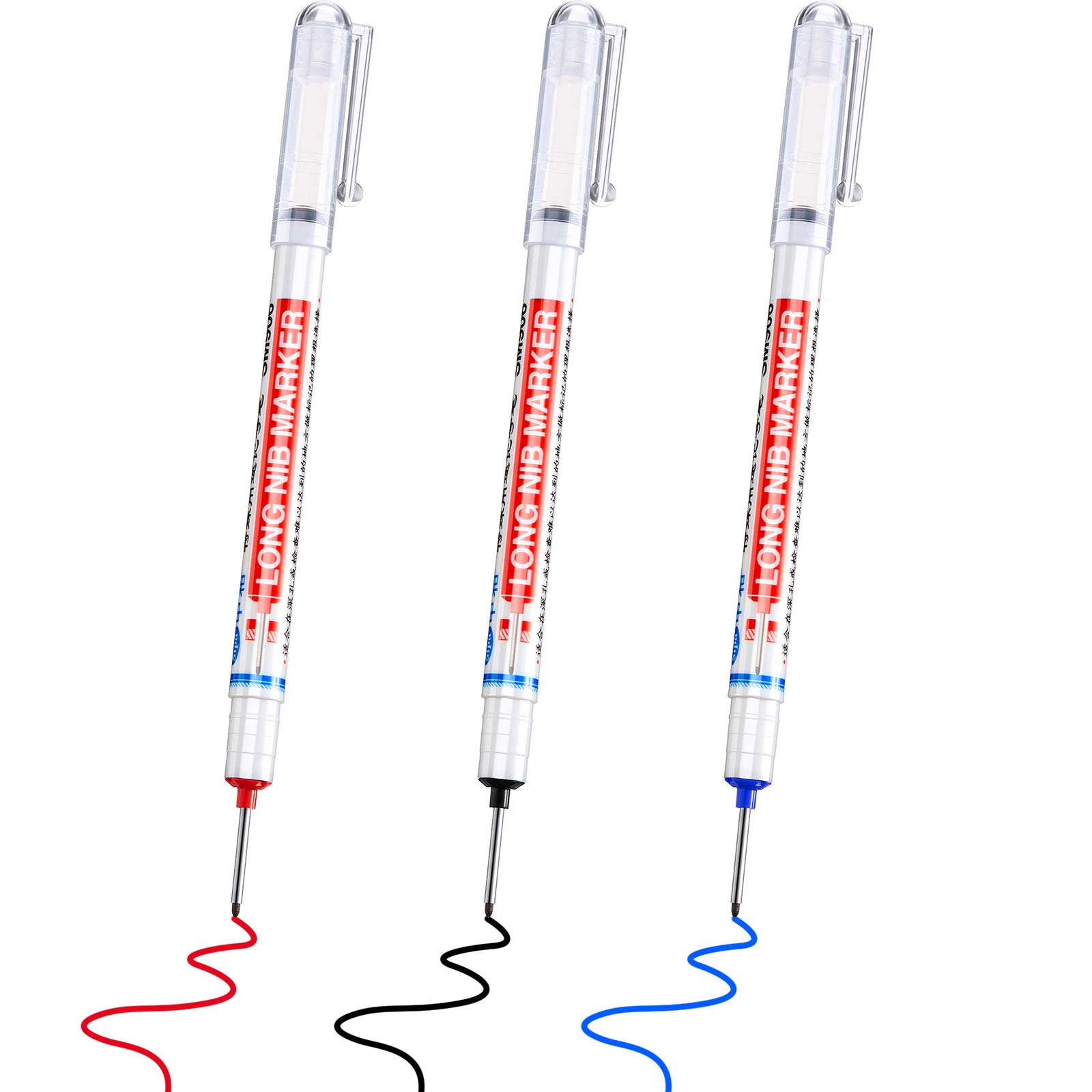 Zonon Multi-Purpose Deep Hole Marker Pens - Waterproof, Long Nib for Woodworking, Carpentry & Machining - Red, Black, Blue (3-Pack) - Perfect for Marking Drill Holes, Hardware & Precision Measurements