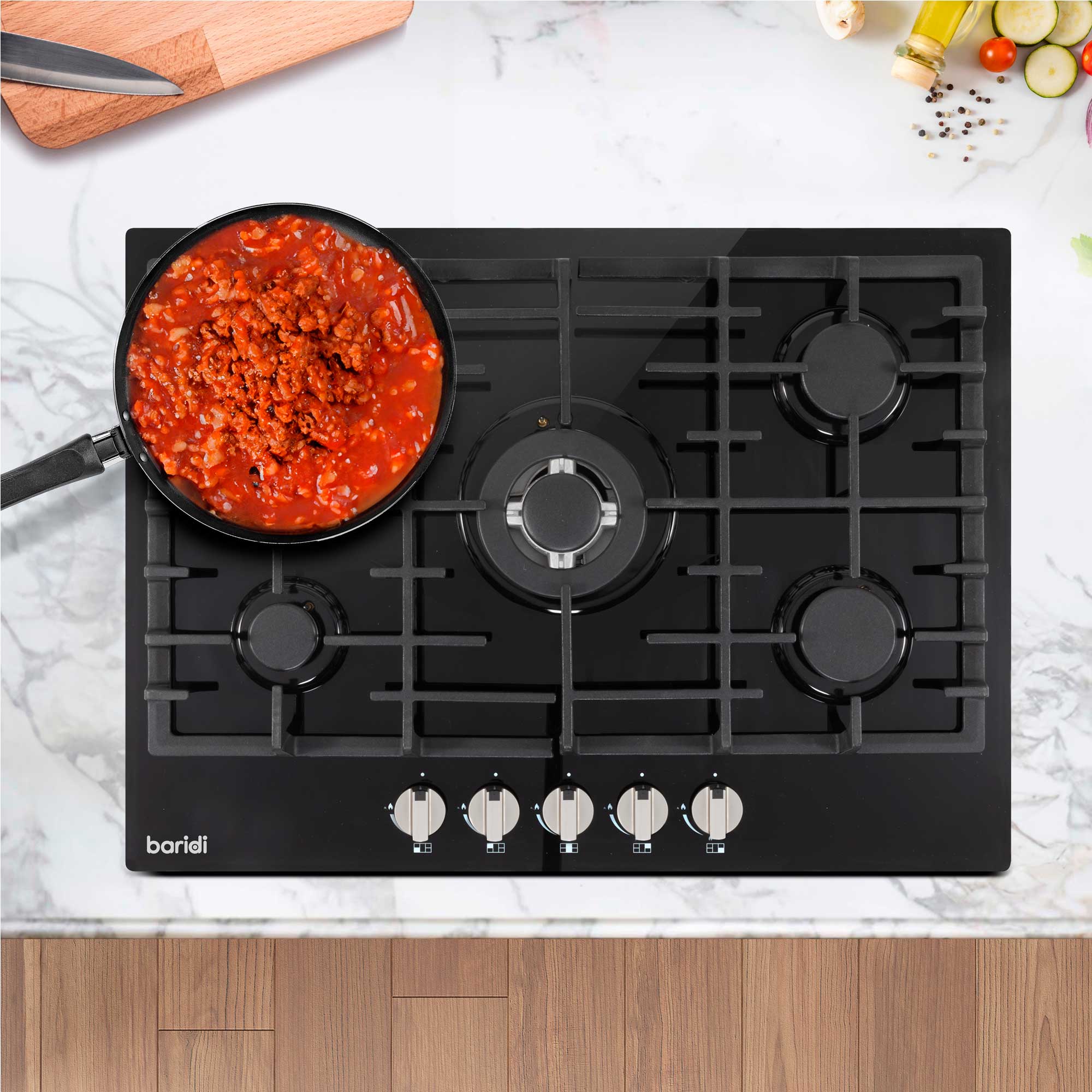 Baridi 70cm Built-In Gas on Glass Hob - 5 Burner Cooktop with Cast Iron Pan Supports, Black Glass Surface - Perfect for Modern Kitchens & Professional Cooking | Model DH228