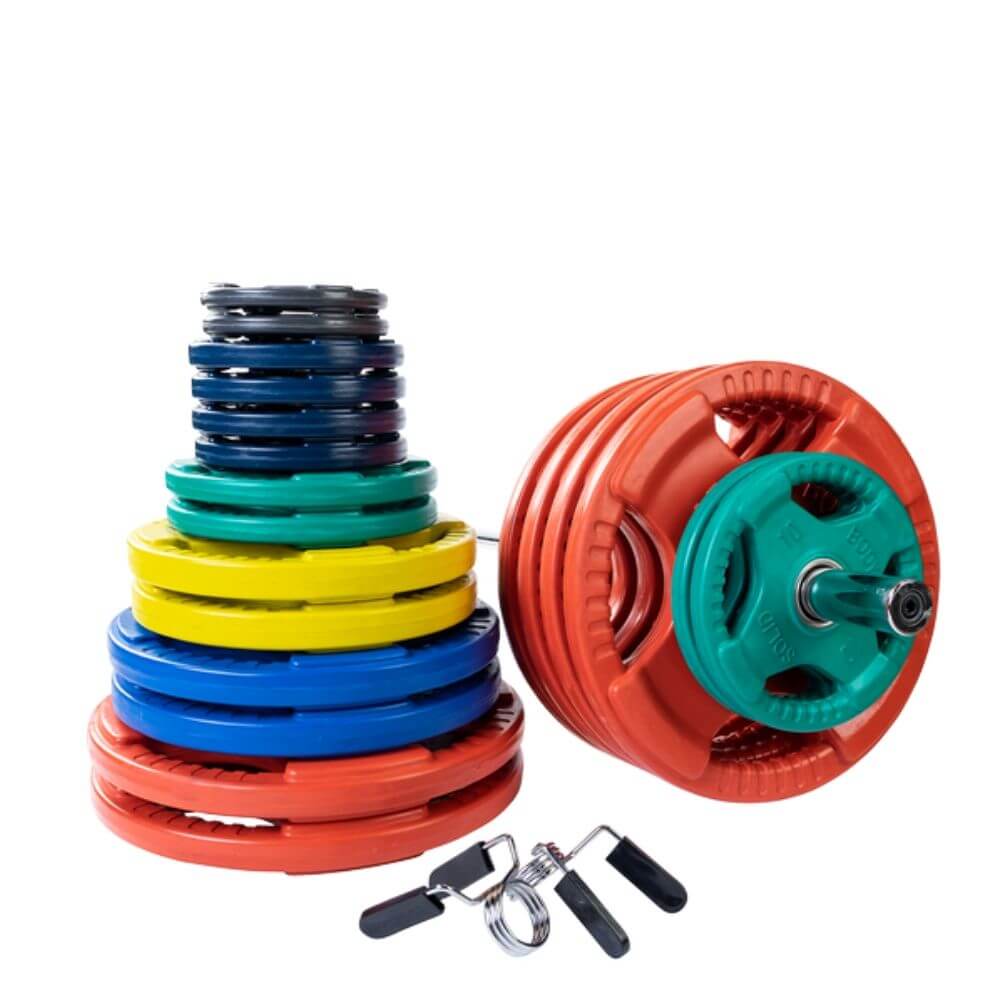 Body Solid Colored Rubber Grip Plate & Barbell Set - Premium Weightlifting Equipment for Home Gym & Strength Training - Perfect for CrossFit, Powerlifting & Fitness Workouts