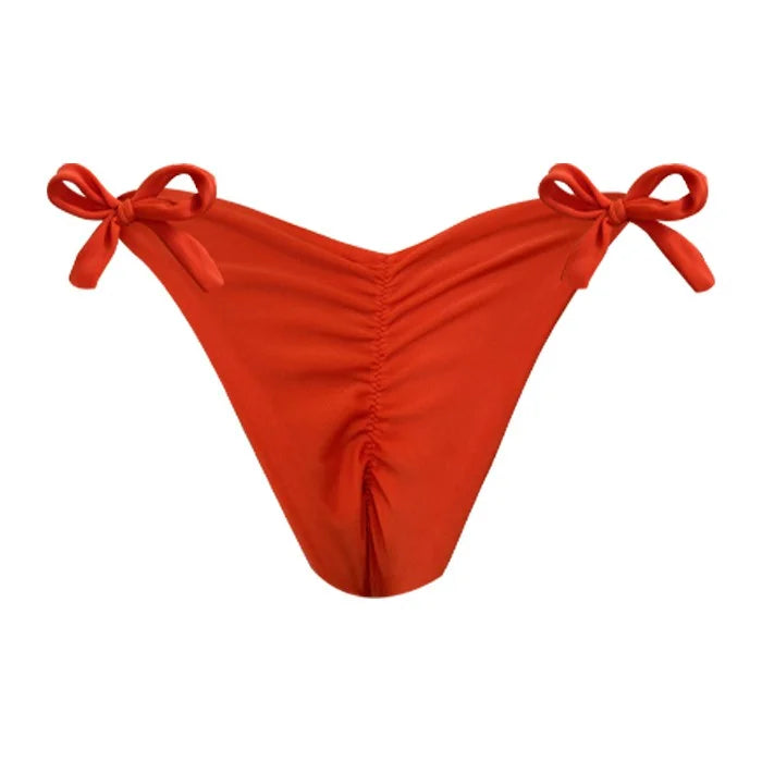 Sexy Solid Red Brazilian Tie Side Scrunch Bikini Bottom - High Waisted Cheeky Swimwear for Beach, Pool & Summer Vacations
