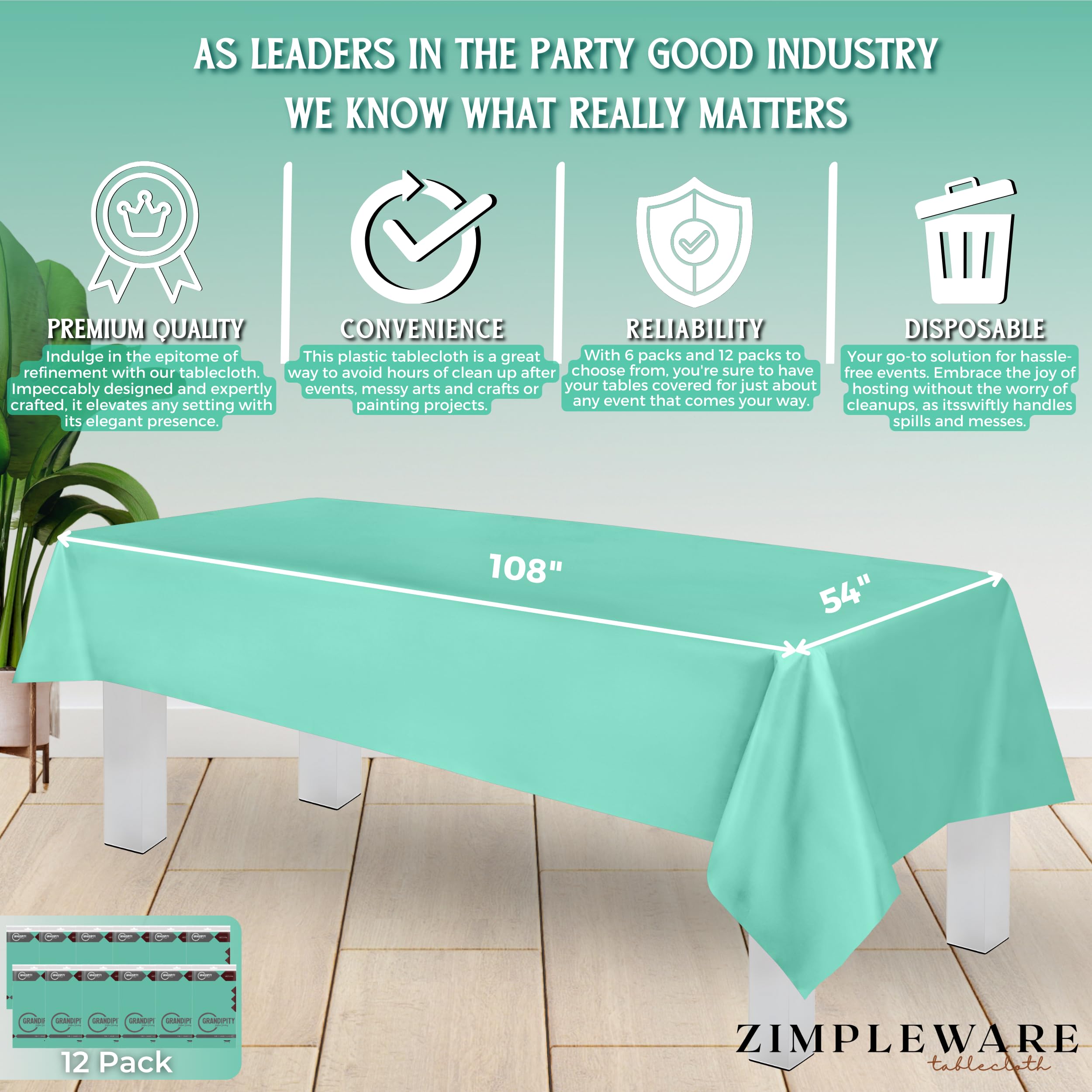 Premium Disposable Plastic Tablecloth - 12 Pack Aqua Blue Rectangle Table Cover (54x108 Inches) for 6-8ft Tables - Waterproof & Wrinkle-Free Party, Picnic, BBQ & Event Decor