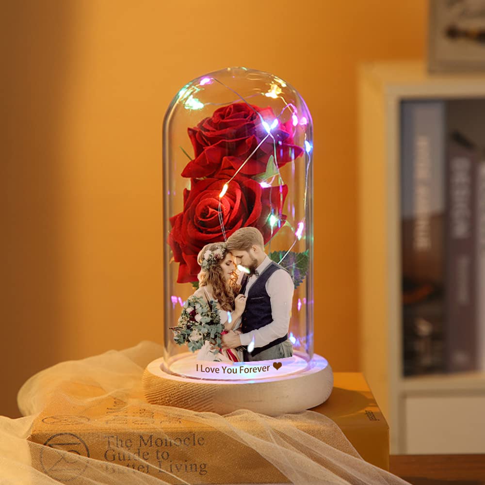Custom Photo Text Red Silk Eternal Rose in Glass Dome with LED Light & Wood Base - Valentine's Day Home Decor, Anniversary Gift for Wife, Romantic Preserved Flower for Wedding, Proposal & Special Occasions