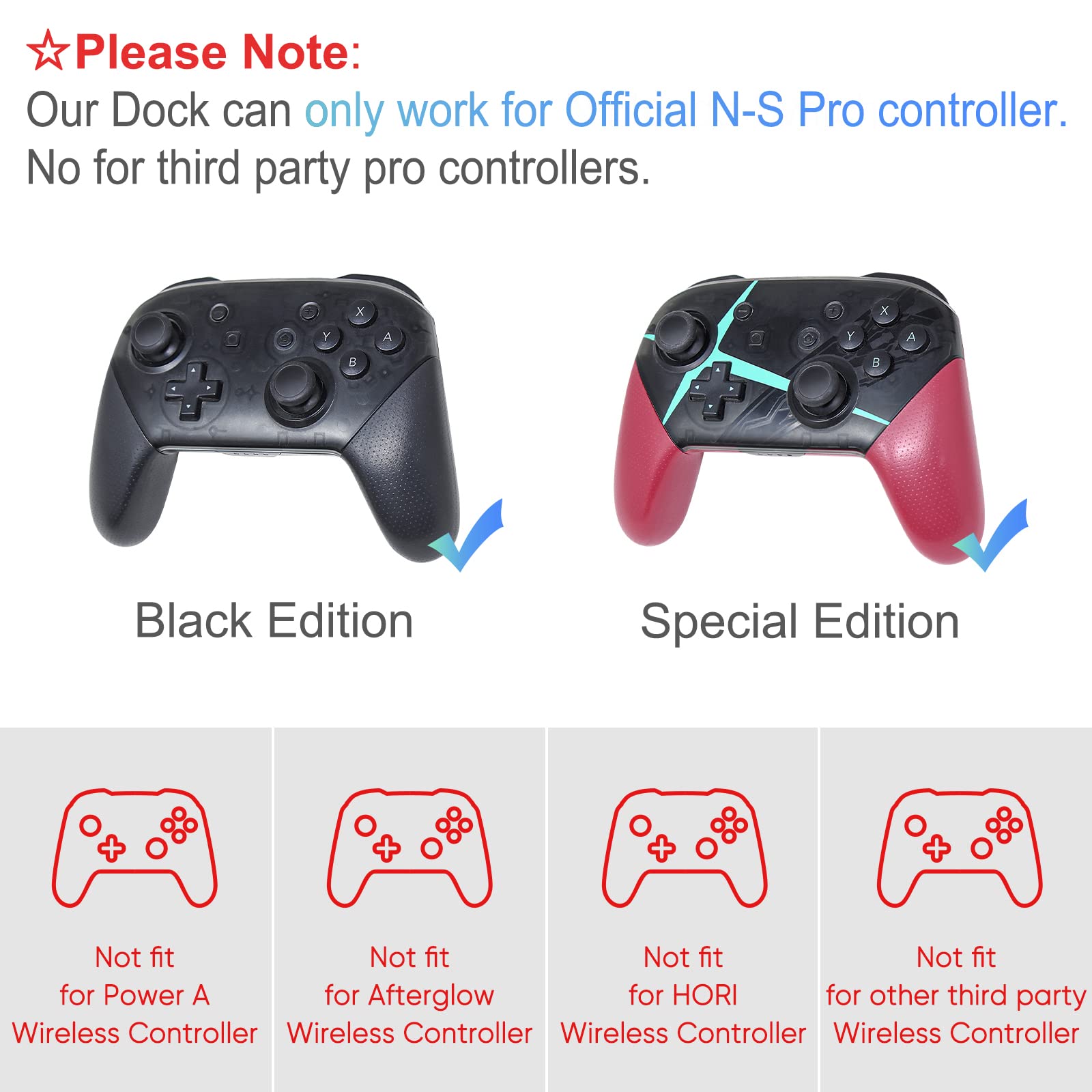 FastSnail Switch Pro Controller Charging Dock - Dual USB 2.0 Port Charger Stand for Nintendo Switch Pro Controllers, Joy-Cons & OLED Model | Multi-Function Gaming Accessory for Home & Travel Use