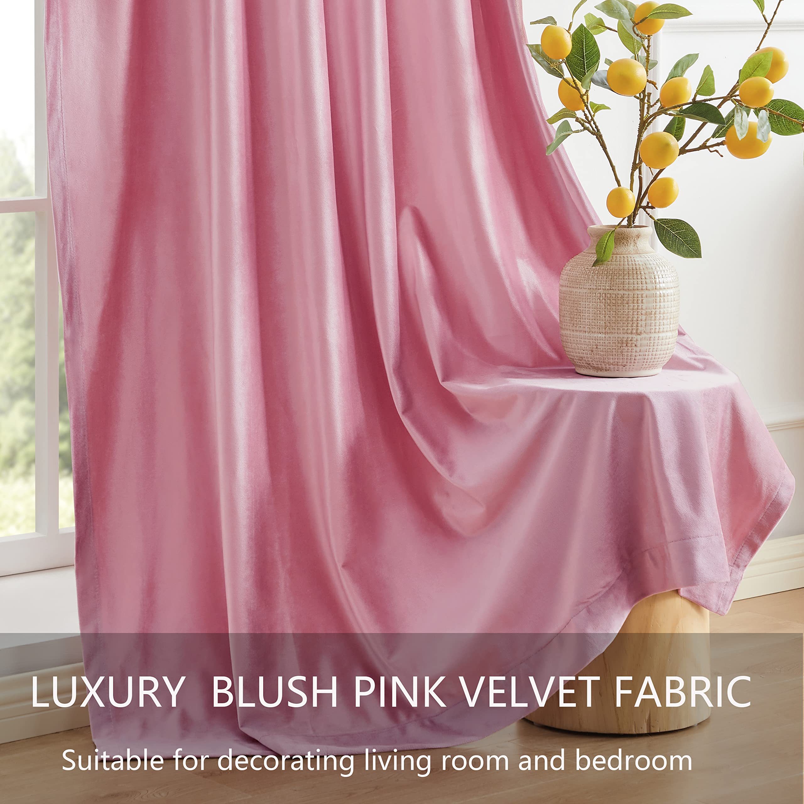PRIMROSE Pink Velvet Curtains 96 Inch - Blackout Window Drapes for Living Room & Bedroom (Set of 2 Rod Pocket Panels) - Elegant Semi Room Darkening Window Treatment for Home Decor
