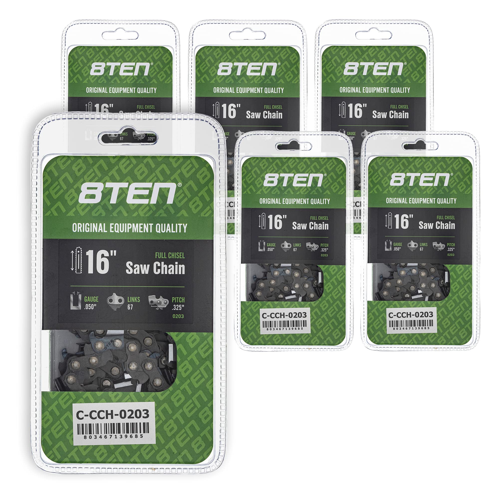 8TEN Full Chisel Chainsaw Chain 16 Inch .050 Gauge .325 Pitch 67DL - Compatible with Stihl MS270, Solo 651, Homelite 240 (6 Pack) - Ideal for Tree Cutting, Logging, and Firewood Preparation