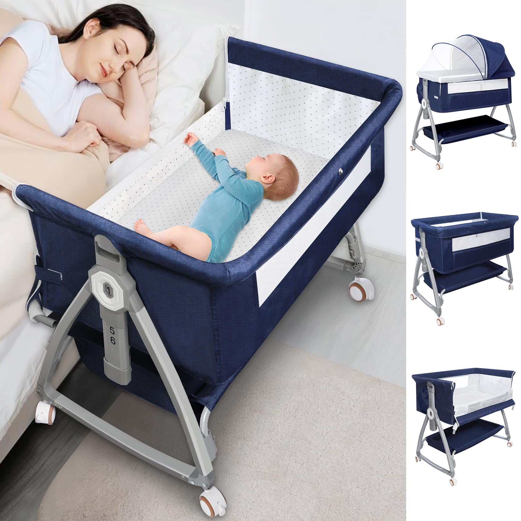 YTHFGRT 3-in-1 Adjustable Baby Bassinet Bedside Sleeper - 6 Height Levels & Auto-Lock Wheels - Portable Crib for Newborns & Infants - Perfect for Breastfeeding, Co-Sleeping & Nursery Room