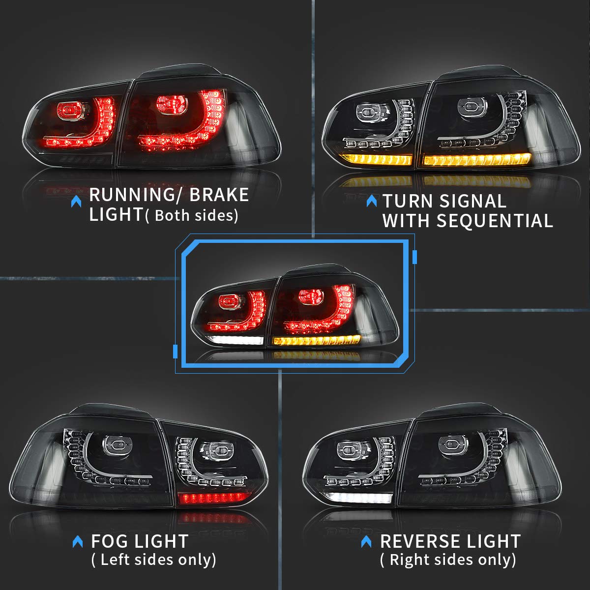 VLAND Full LED Tail Lights for VW Golf 6 MK6 (2010-2014) - Sequential Turn Signals, Brake Lights, DRL, Reverse & Fog Lights with Smoked Lens - Premium Rear Lamp Assembly for Enhanced Style & Safety - Perfect for Night Driving & Car Customization