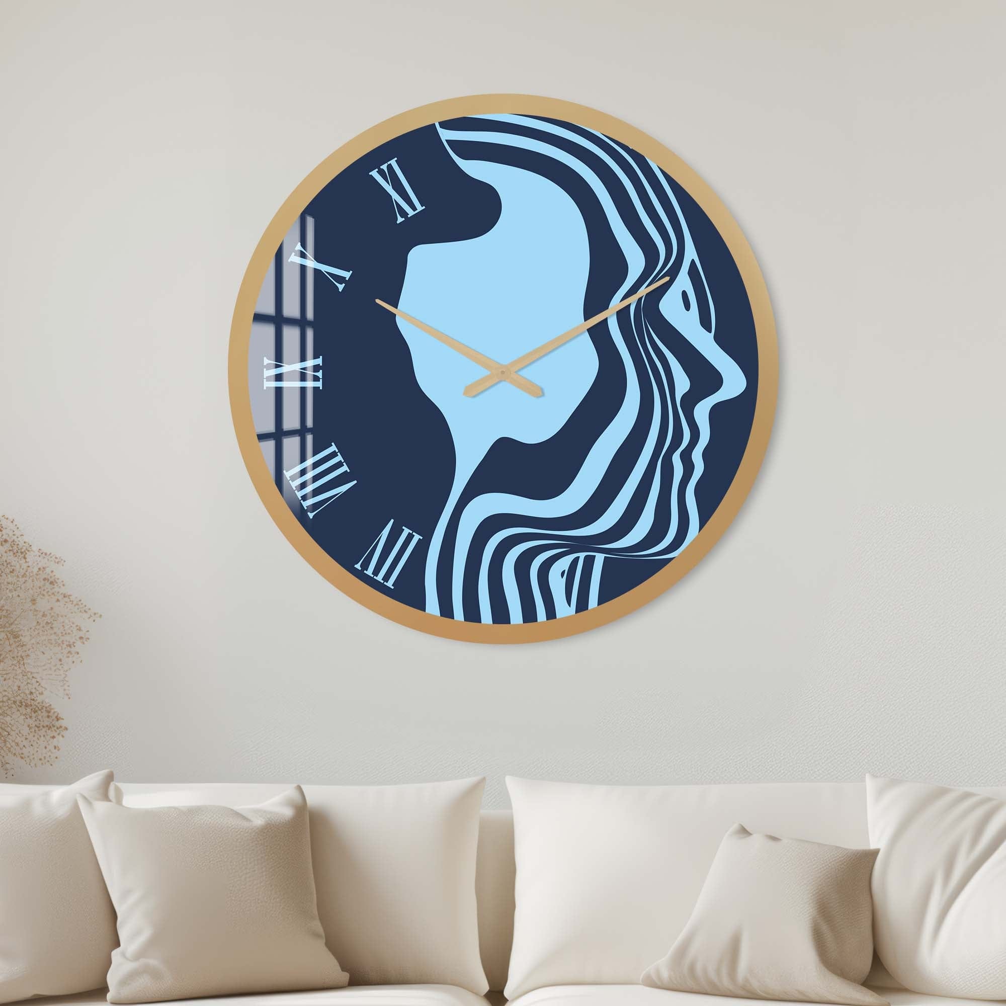Blue Silhouette Glass Wall Clock - Modern Decorative Clock for Living Room, Bedroom & Office - Silent Non-Ticking Battery Operated