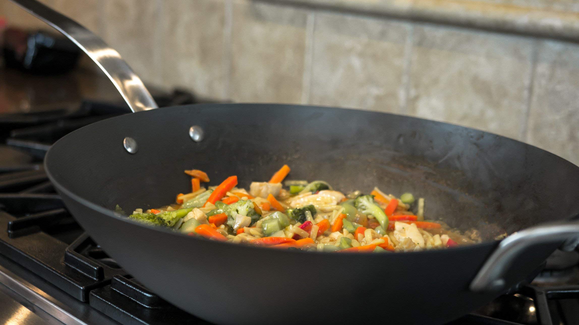 ICON Carbon Steel Wok Pan - 14 Inch Induction Safe, Oven & Dishwasher Safe Cookware for Stir-Frying, Sautéing & Deep Frying - Perfect for Asian Cuisine & Professional Kitchens