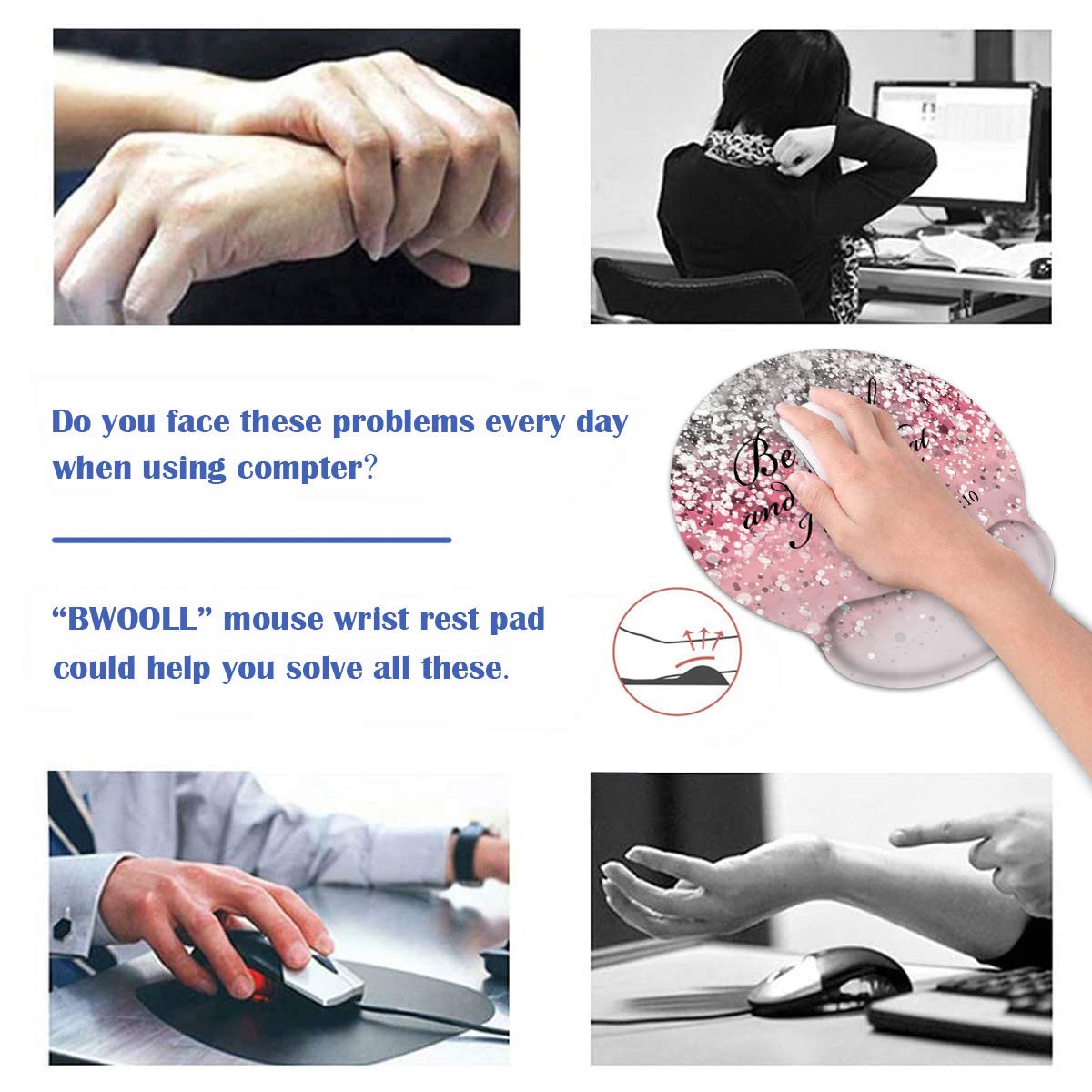 Ergonomic Mouse Pad with Wrist Support & Coasters Set - Non-Slip PU Base Gaming Mouse Mat with Lycra Cloth for Computer, Laptop, Home & Office - Pink Glitter Design with Bible Verse Psalm 46:10 - Perfect for Work, Gaming & Daily Computer Use
