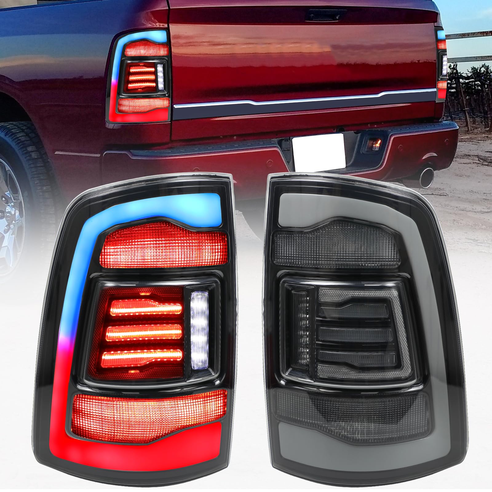 LED RGB Tail Lights for Dodge Ram 1500 2500 2009-2018 - Sequential Turn Signal Rear Lamps - Waterproof & Durable for Off-Road, Night Driving & Custom Car Styling