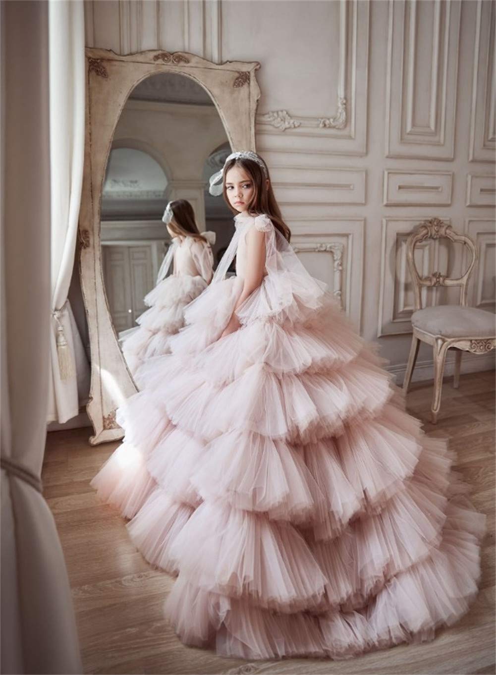 Emanni Girls Princess Flower Girl Dresses - Elegant V-Neck Ruffled Pageant Gowns for Weddings, Special Occasions & Toddler Photo Shoots