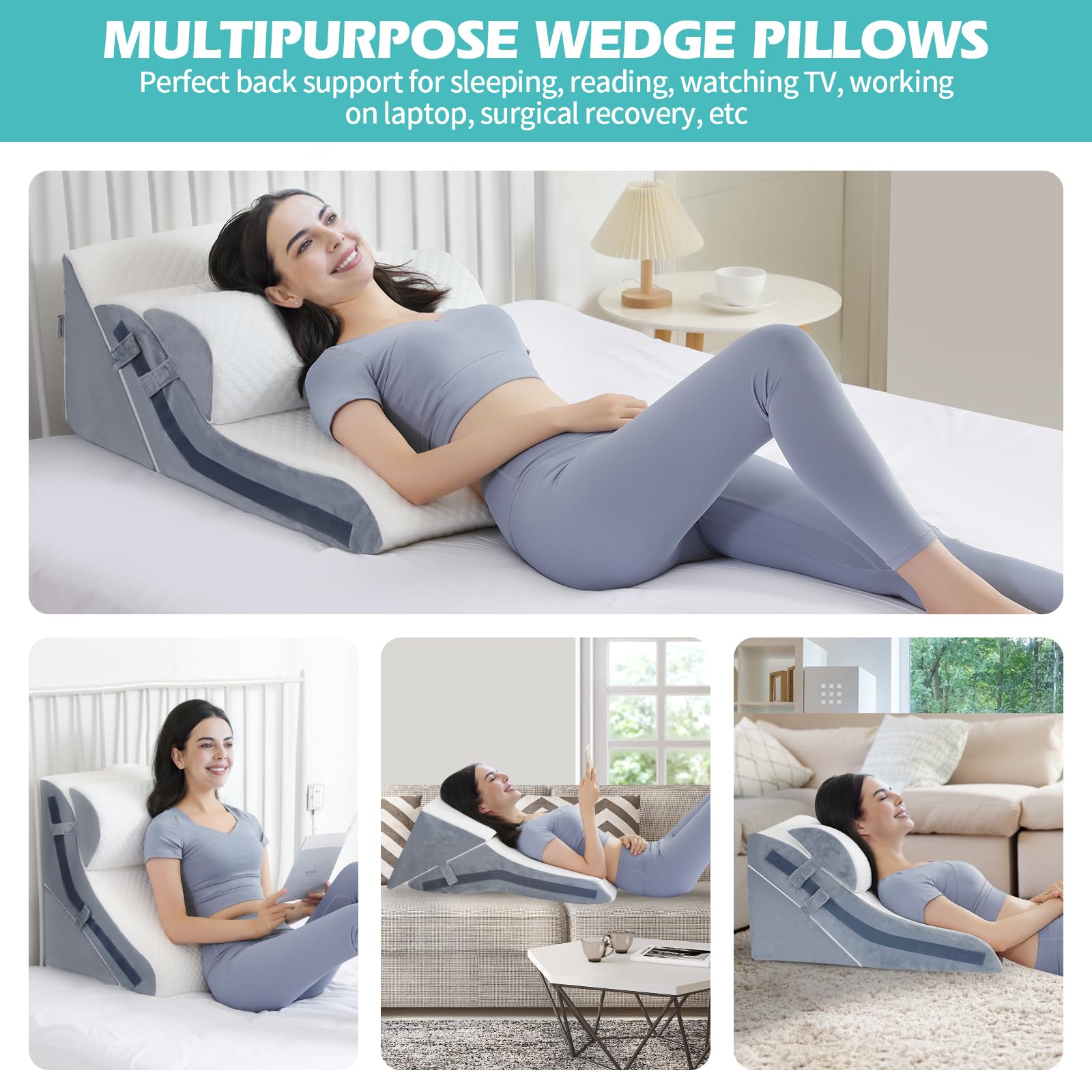 **Orthopedic Wedge Pillow Set for Sleeping & Post-Surgery Recovery - 3PCS Adjustable Memory Foam Bed Wedge (9/16/20 Inches) - Ideal for Acid Reflux, Snoring, Back Pain & Reading in Bed**