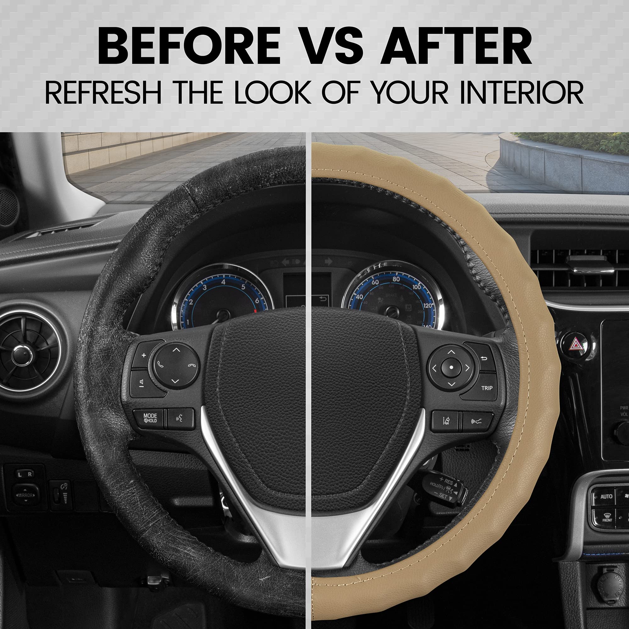 Premium BDK Beige Leather Steering Wheel Cover - Universal Fit 15.5
