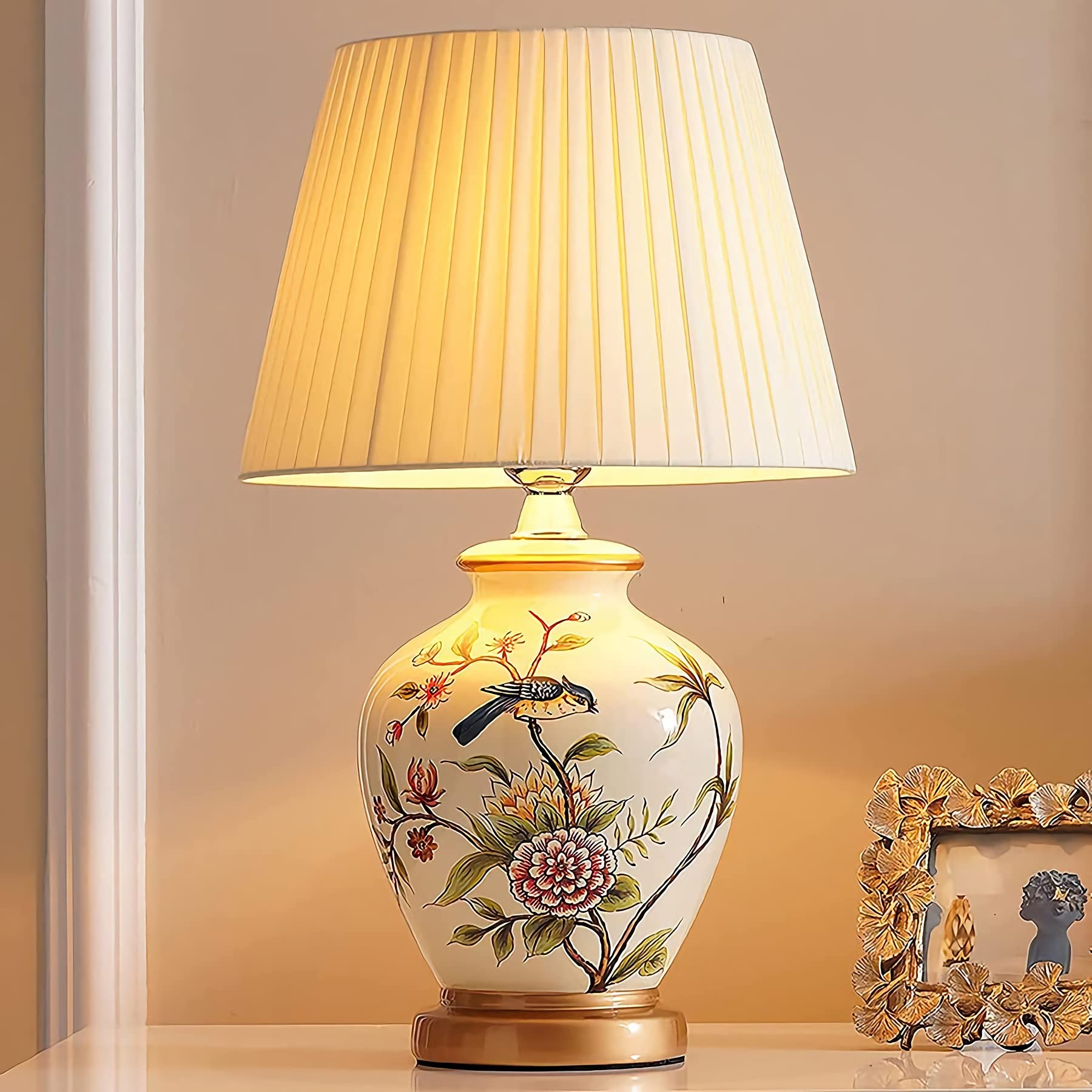 Modern Asian Chinese Style Ceramic Table Lamp with Fabric Bell Shade - Traditional Home Decor for Living Room, Bedroom, Office & Nightstand | Perfect for Beach House, Entryway & Family Spaces (White)