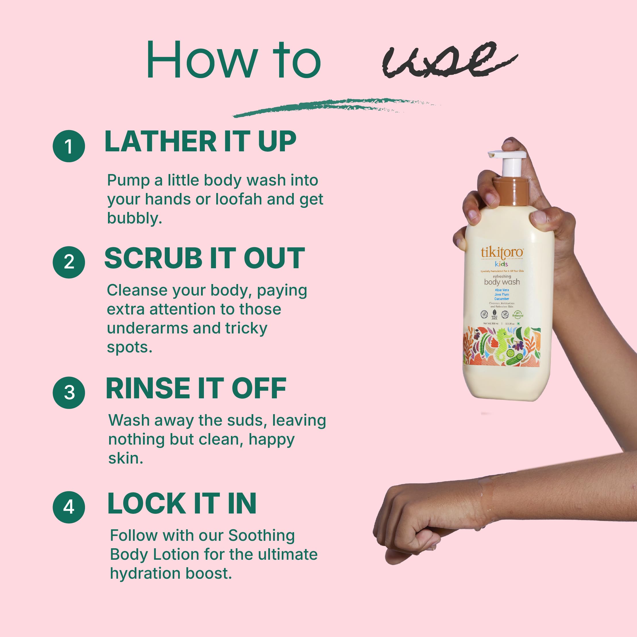Tikitoro Kids Refreshing Body Wash - 100% Vegan with Cucumber, Java Plum, Vitamin C & Aloe Vera - Deep Cleansing, Hydrating & Refreshing for Sensitive Skin - Paraben & Sulfate Free - 300ml for Boys & Girls Age 4+ - Perfect for Bath Time & Daily Skincare Routine