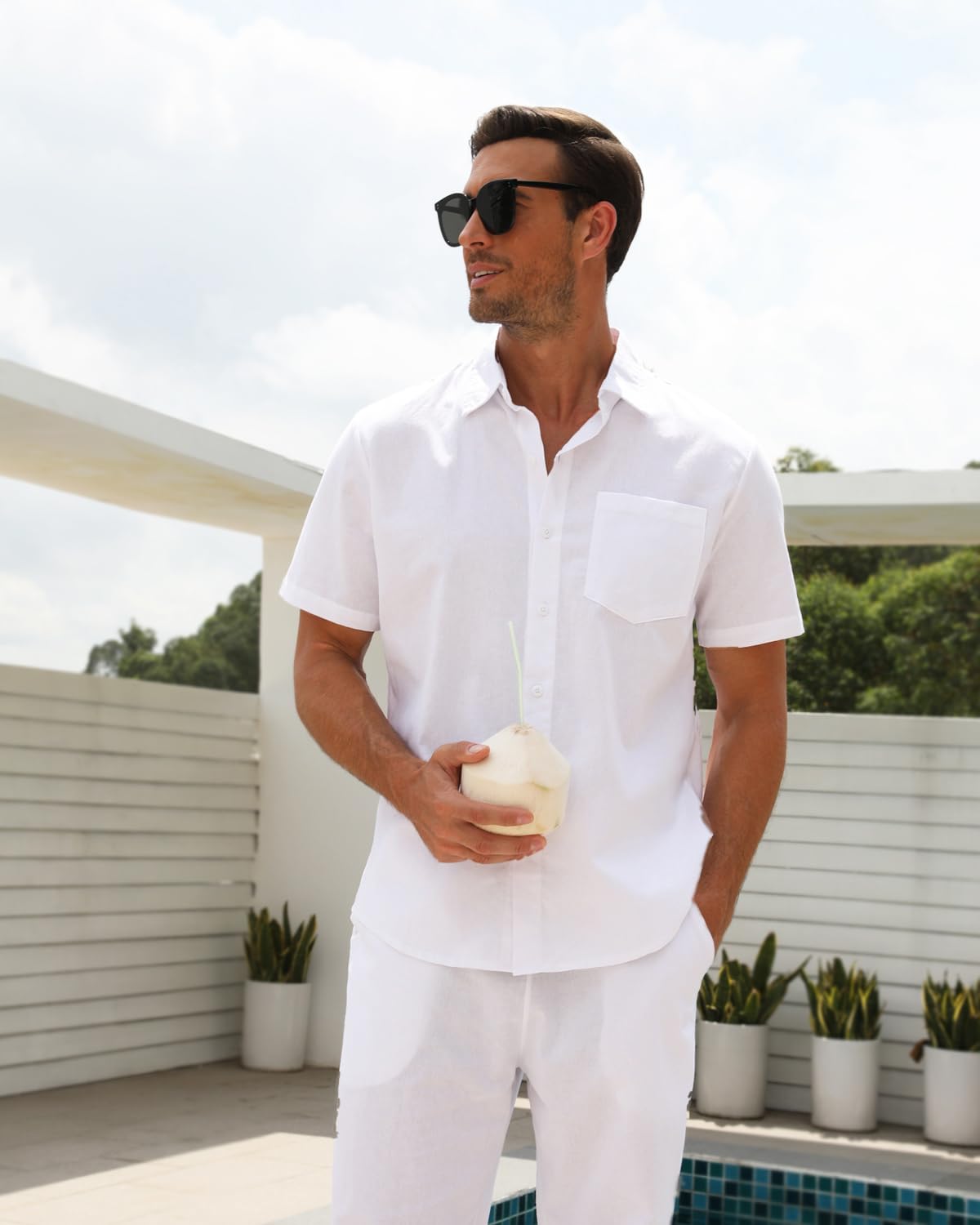 Premium Men's Linen 2-Piece Outfit Set - Breathable Button Down Shirt & Comfortable Yoga Pants for Beach, Wedding & Casual Wear | Summer Matching Suit for Outdoor Activities, Vacation & Relaxation