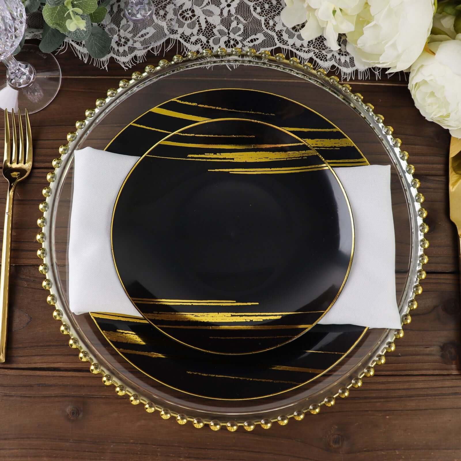 Efavormart 10 Pack Black & Gold Brush Stroked 10 Inch Round Plastic Dinner Plates - Disposable Party Plates for Weddings, Birthdays & Events - Elegant Dinnerware for Catering, Buffets & Special Occasions