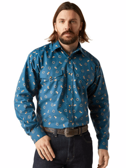 Ariat Men's Brody Snap Long Sleeve Shirt - Deep Dive Teal - Western Style Work Shirt for Ranch, Rodeo & Outdoor Activities