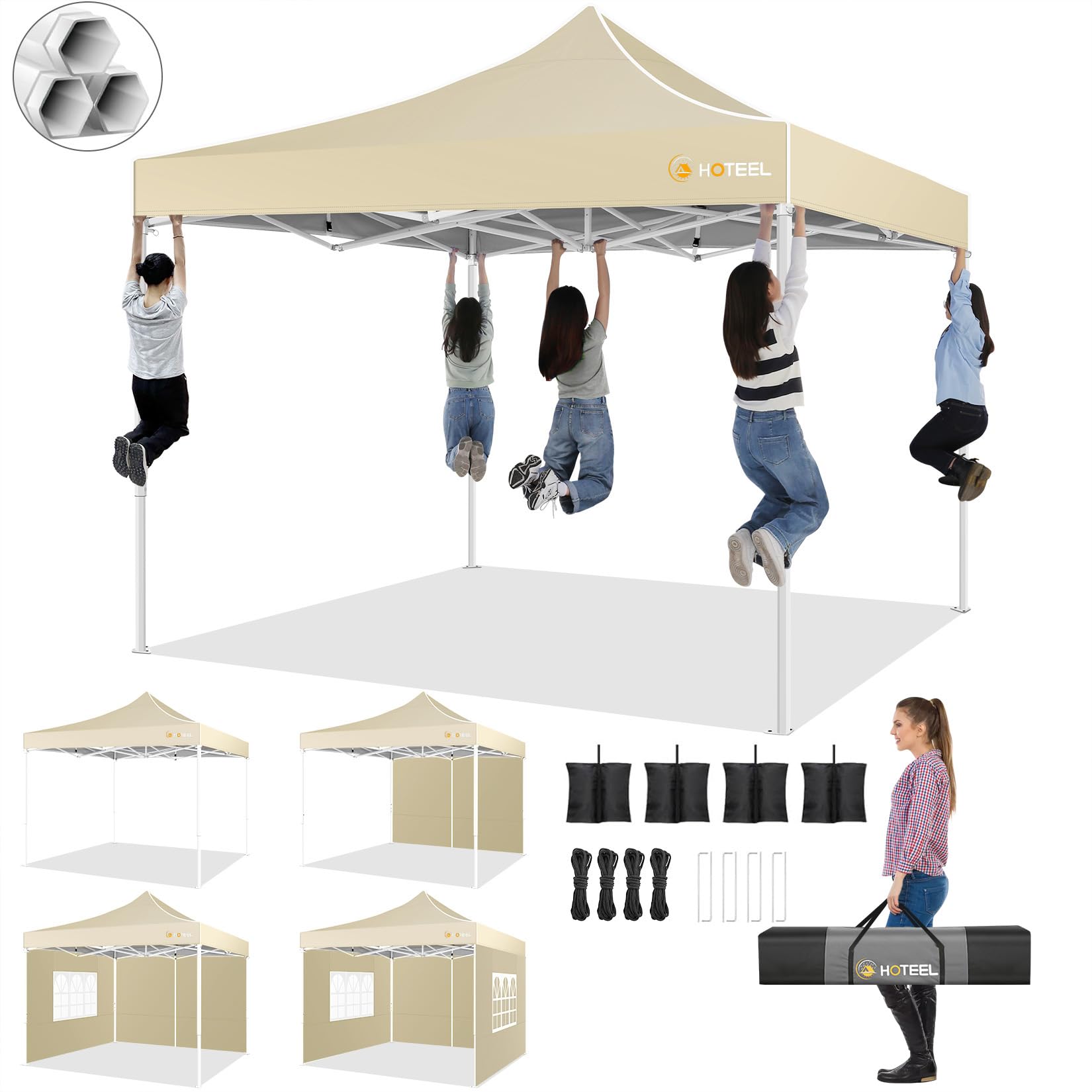 HOTEEL 10x10 Pop Up Canopy Tent - Heavy Duty Instant Gazebo with 4 Sidewalls & Sand Bags | Easy Setup Hexagonal Frame Commercial Tent for Outdoor Weddings, Parties, Events | Includes Portable Carry Bag (Khaki) - Perfect for Backyard Gatherings, Farmers Markets & Beach Outings