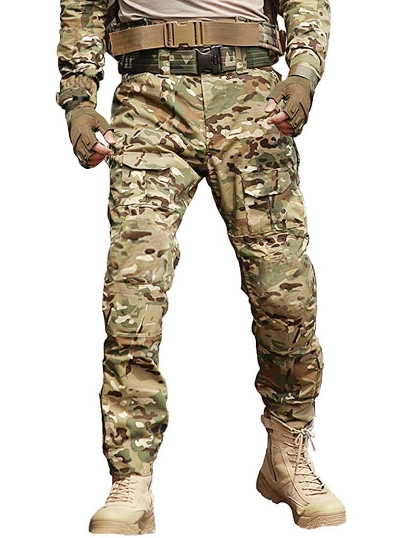 Men's Tactical Camo Cargo Pants - Ripstop Outdoor Hiking & Work Pants with Multiple Pockets (No Belt/Kneepad) - Perfect for Hunting, Airsoft & Adventure Activities