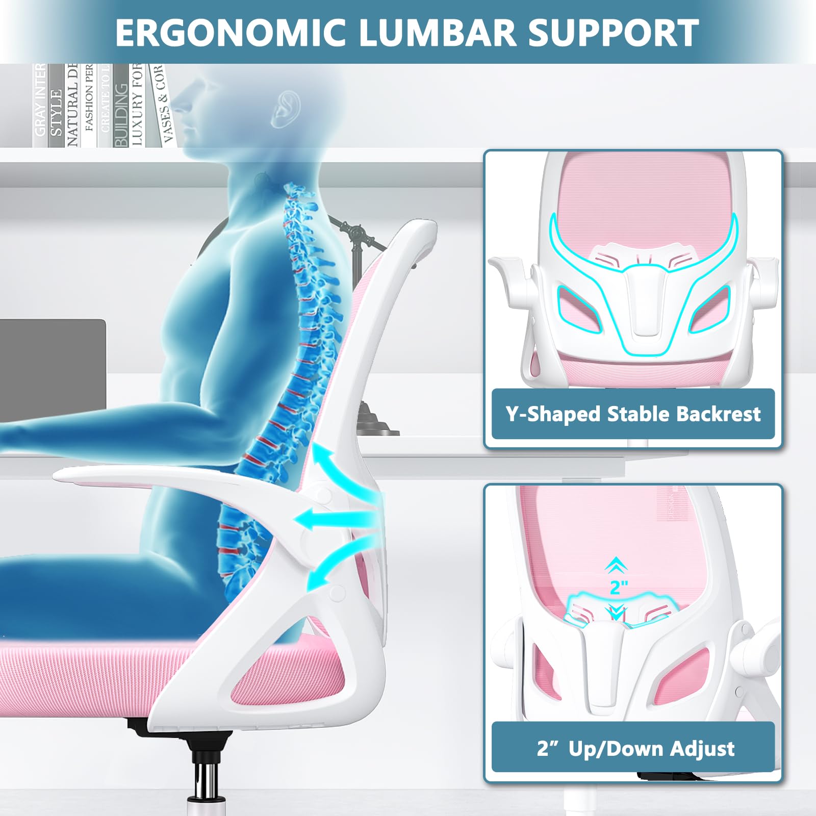 Ergonomic Tall Drafting Chair with Footrest Ring - Adjustable Height Office Chair with Flip-Up Arms & Lumbar Support for Home & Work - Perfect for Architects, Designers & Extended Computer Use (Pink)