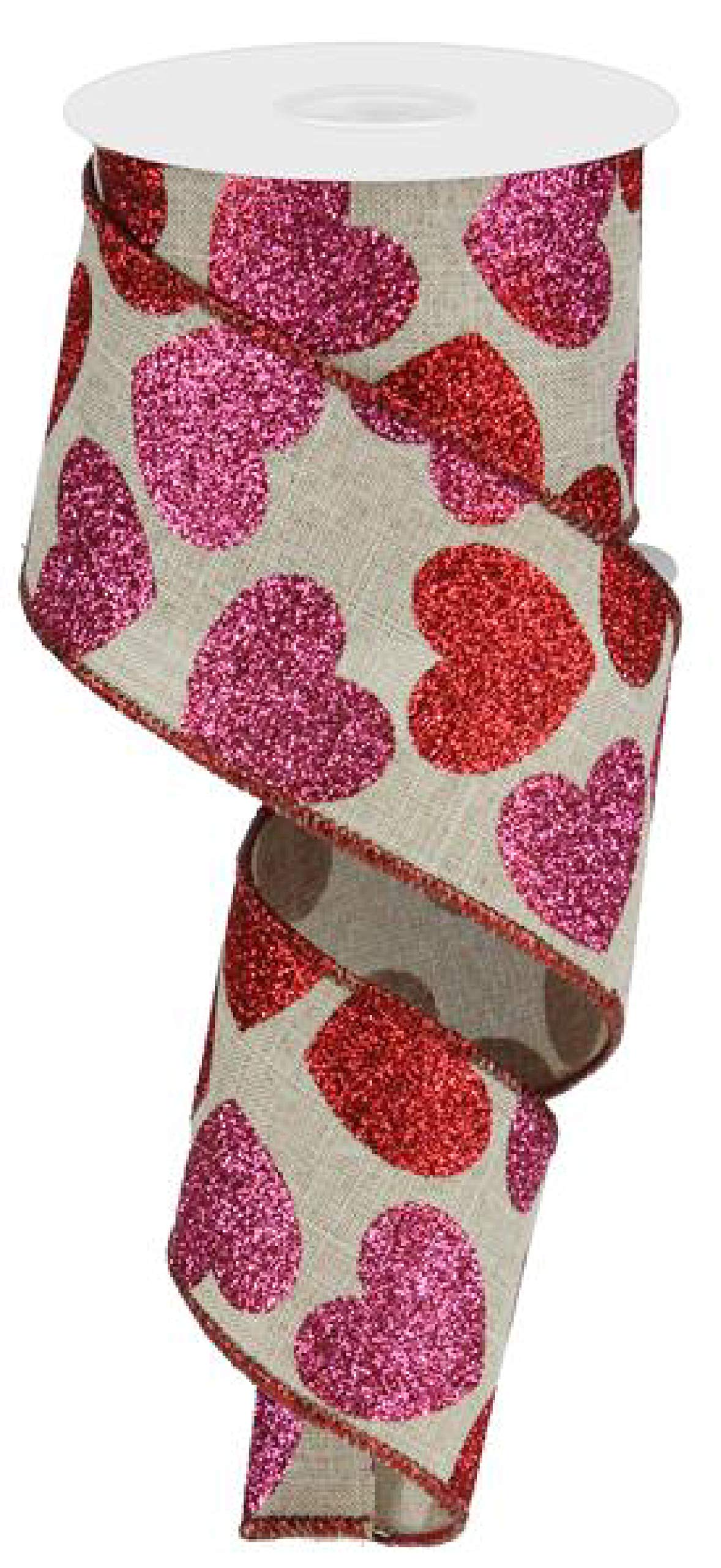 Sparkling Glitter Hearts Wired Edge Ribbon - 10 Yards (Natural, Red, Pink, 2.5