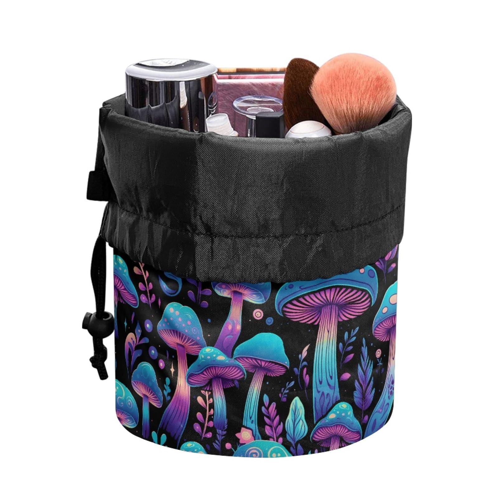 TOADDMOS Blue Purple Mushroom Print Waterproof Cosmetic Bag - Drawstring Makeup Organizer for Women | Travel Toiletry Pouch, Gym Essentials Storage, Gift Idea
