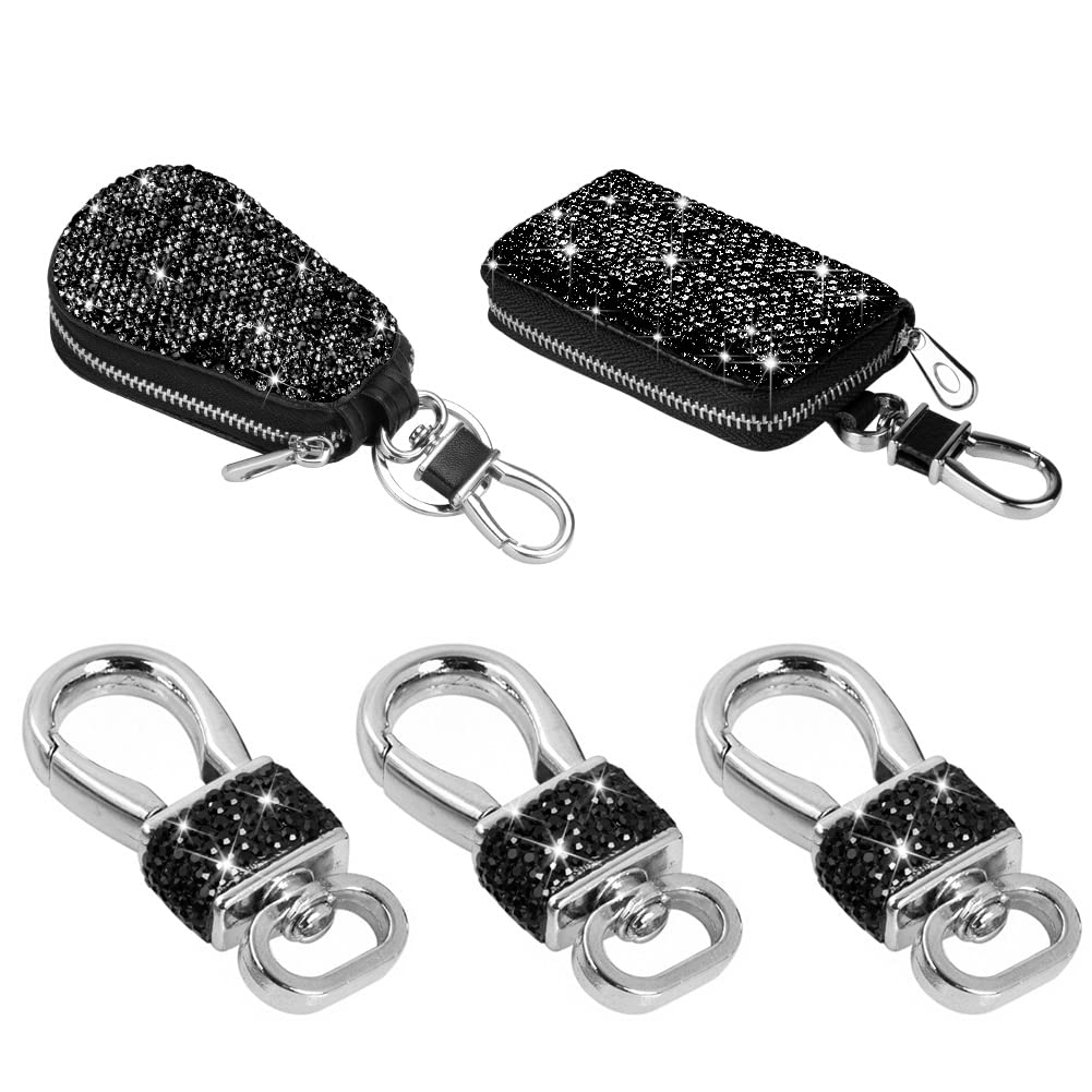 5-Pack Black Leather Car Key Case with Metal Hook & Keyring - Zipper Pouch for Remote Key Fobs, Bling Crystal Keychain - Perfect for Women's Handbags, Purses & Daily Organization (Auto Smart Key Holder)