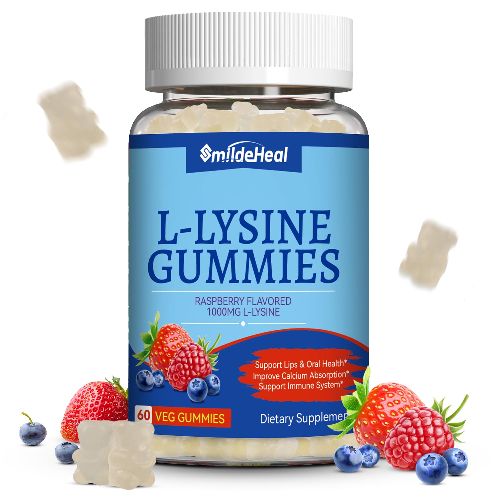 L-Lysine 1000mg Gummies for Adults - Immune & Collagen Support Supplement | Non-GMO, Vegan, Gluten Free Chewable Vitamins (60 Count) | Cold Sore Prevention & Skin Health Boost