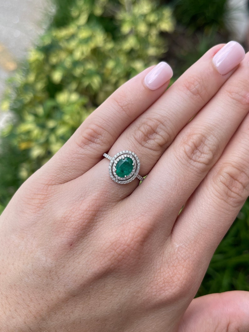 1.90tcw Lush Rich Green 8x6mm Oval Cut Emerald & Double Diamond Halo 14K Gold Engagement Ring for Women - Perfect for Proposals, Anniversaries & Special Occasions